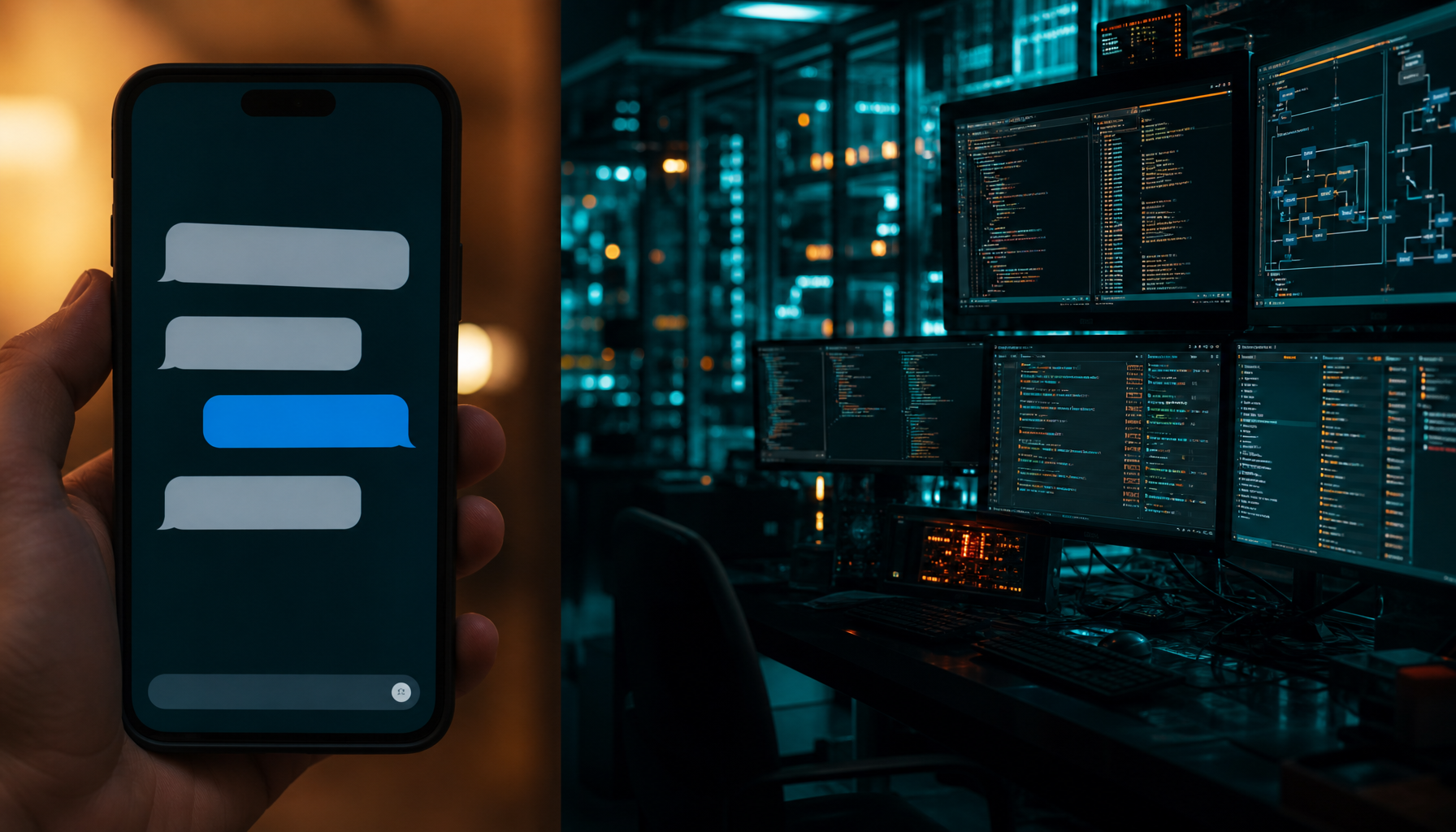 Comparison between simple chatbot interface and complex AI agent control room