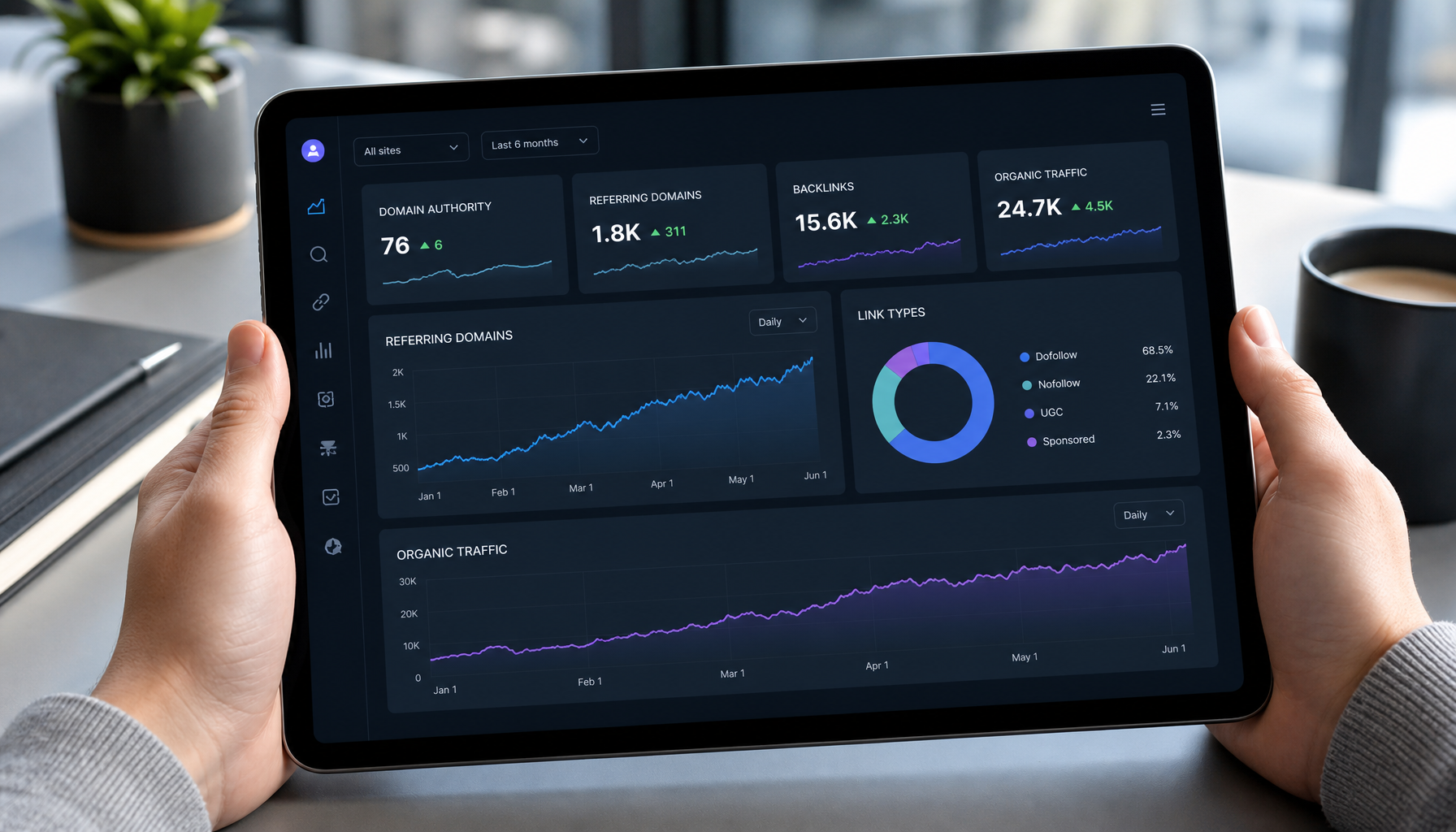 Data visualization dashboard showing website citation metrics on tablet