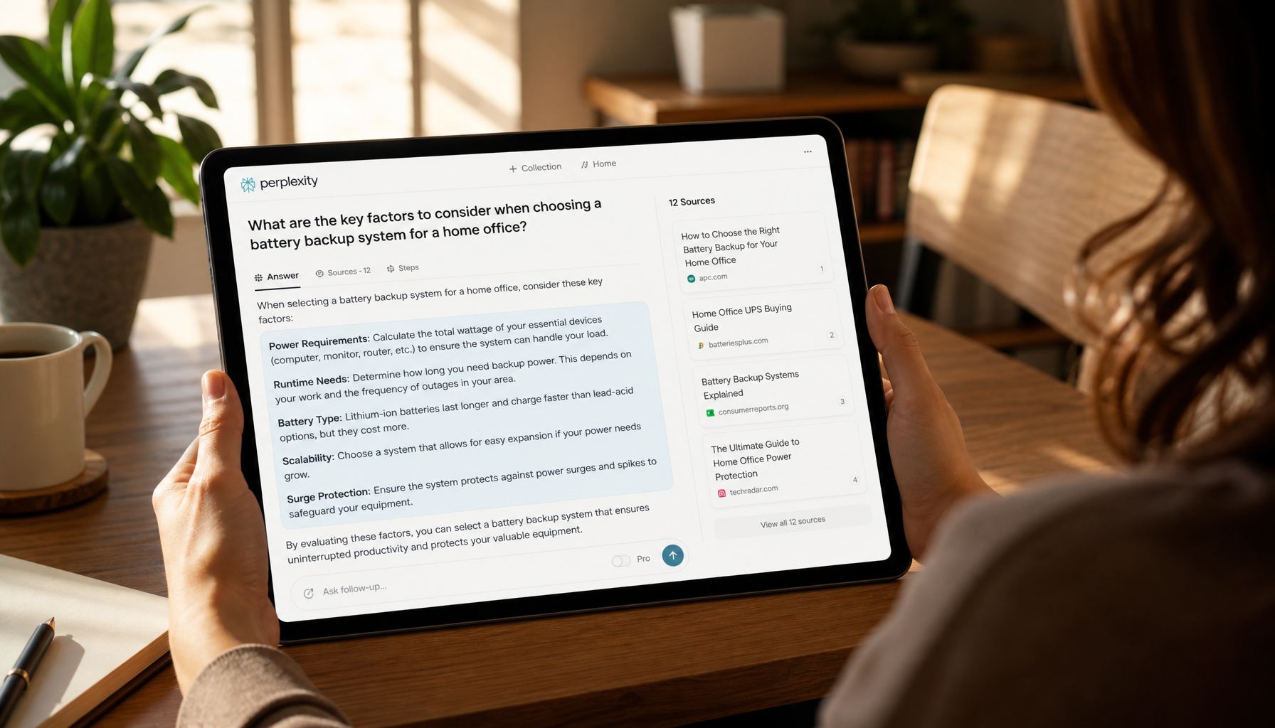 Person using AI search engine showing cited sources