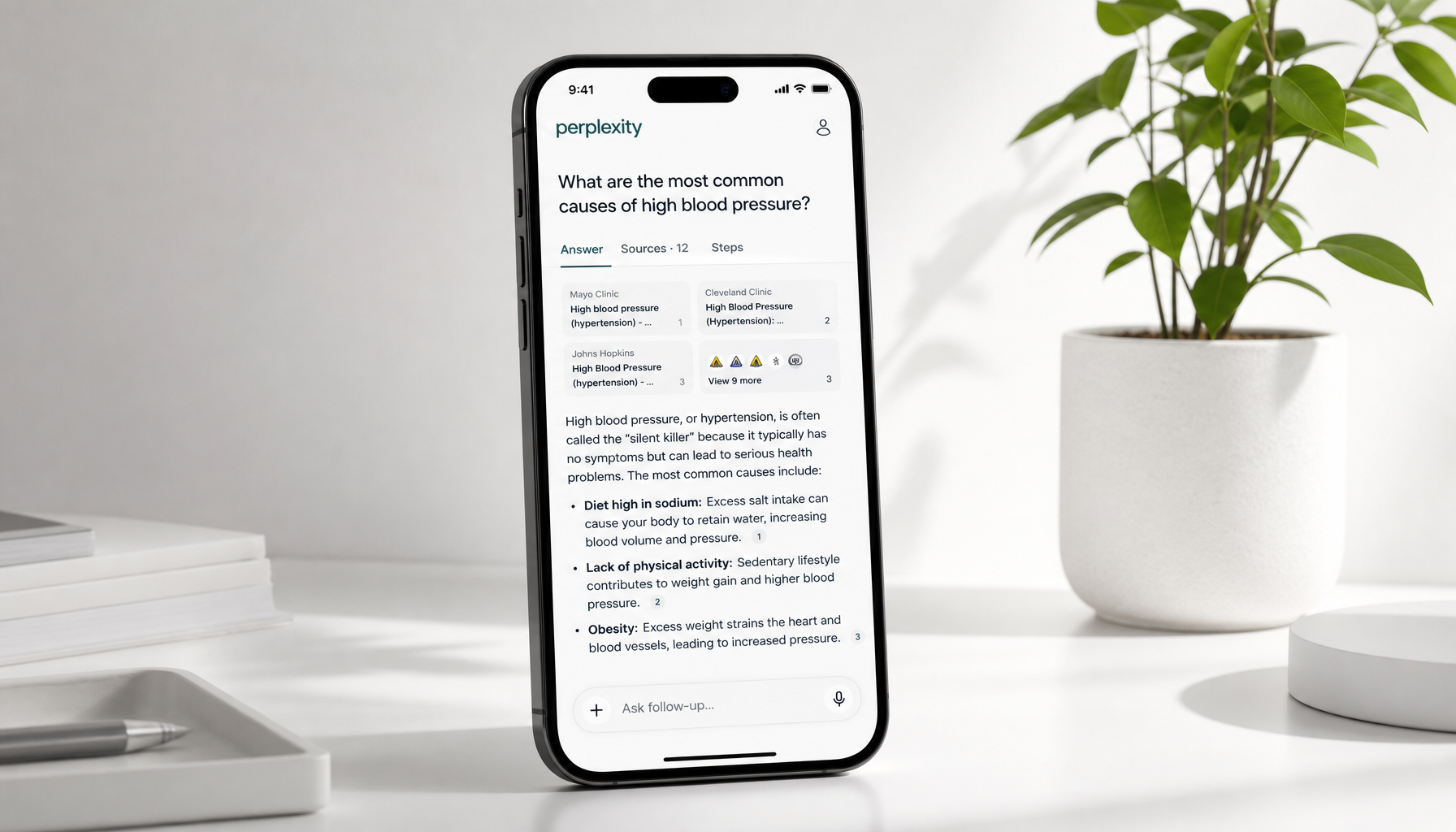 Mobile devices showing AI search interfaces with source citations