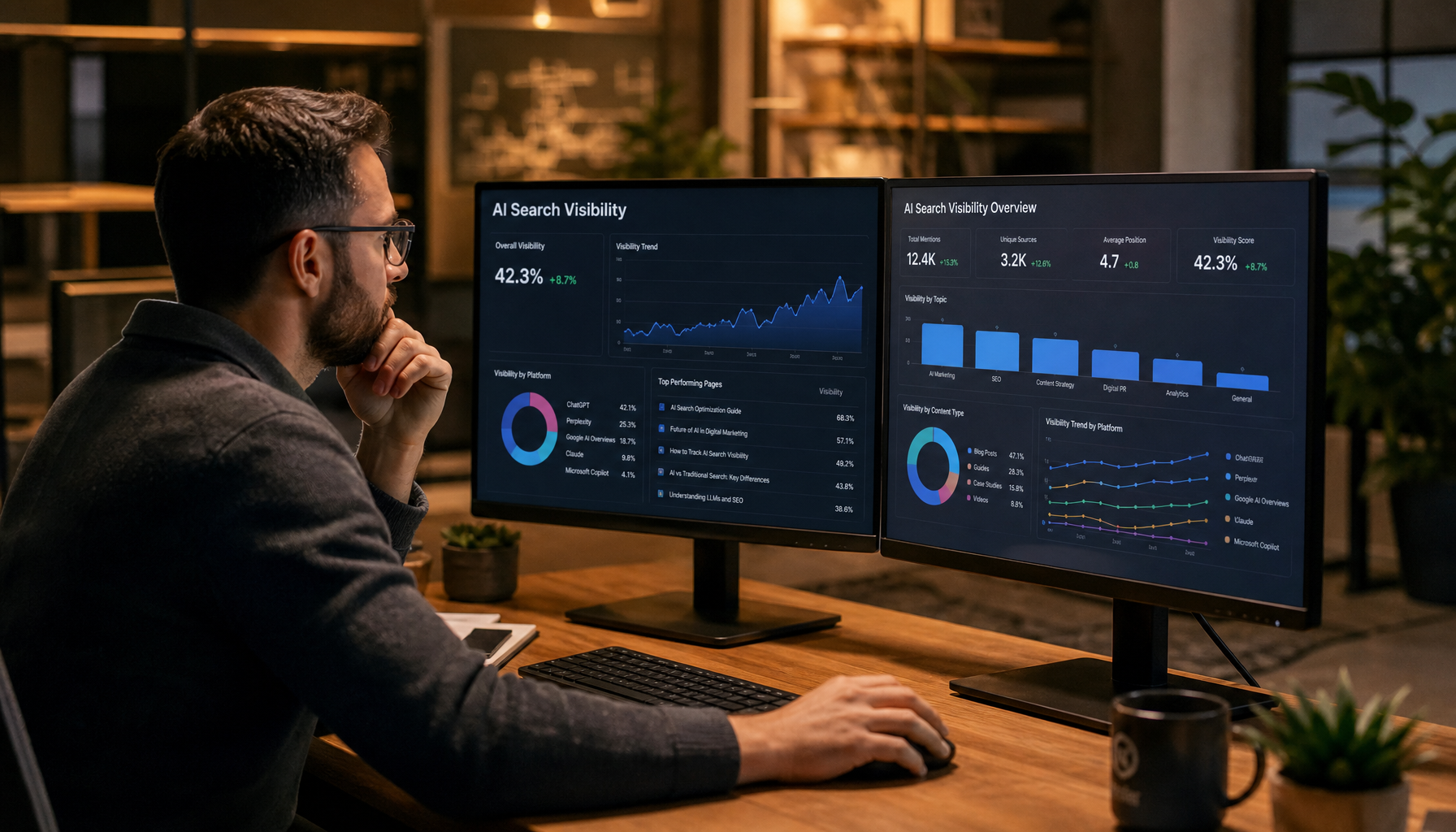 Marketing analyst studying AI search visibility metrics on dual monitors