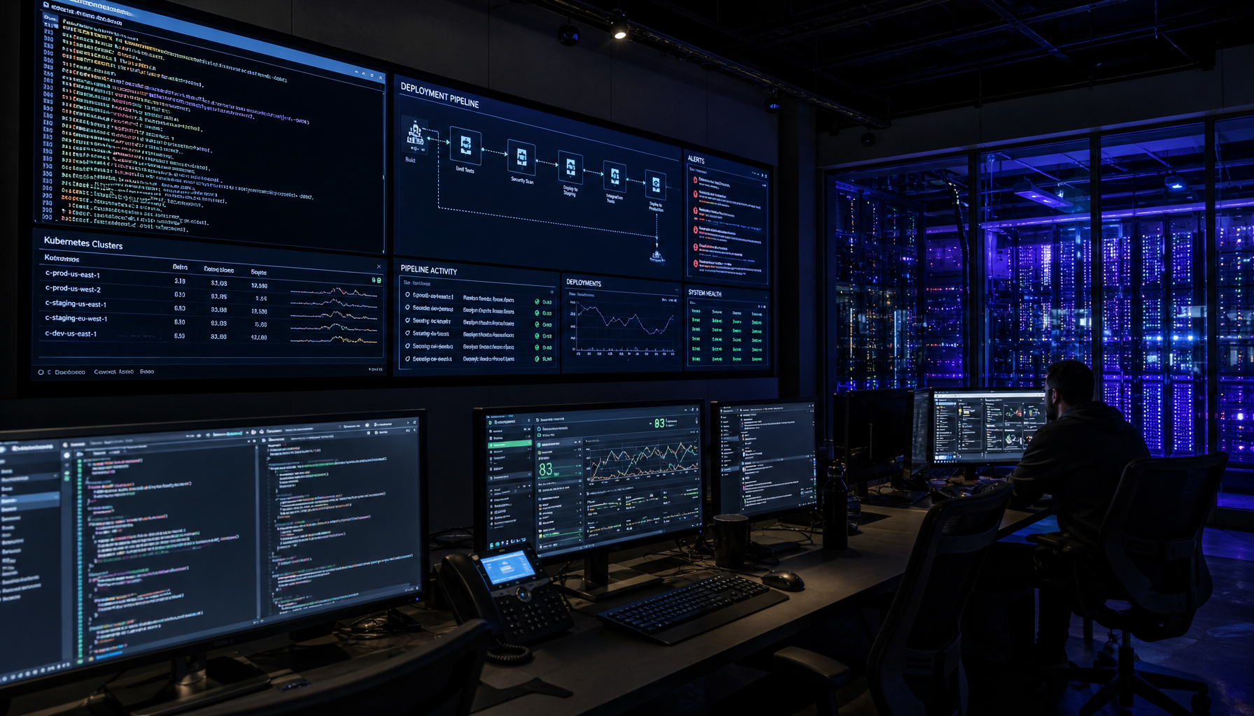 AI agent operations center with multiple monitoring screens showing automated workflows