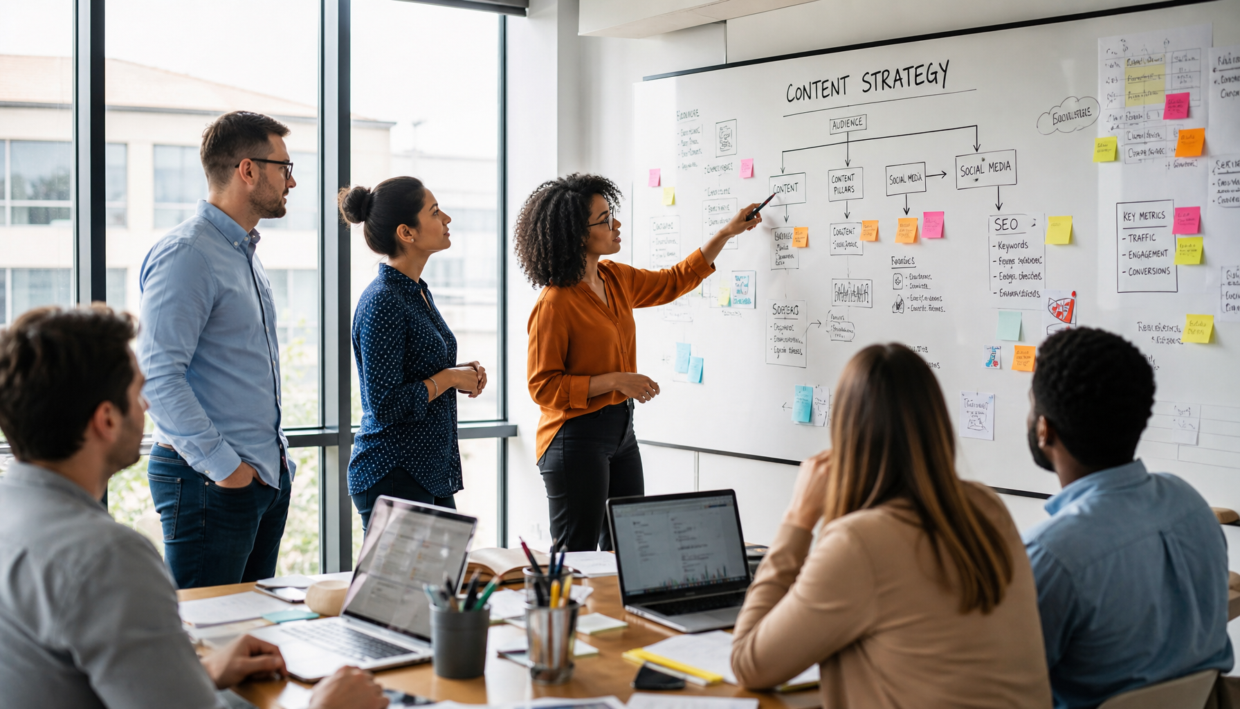 Marketing team brainstorming content strategy around whiteboard