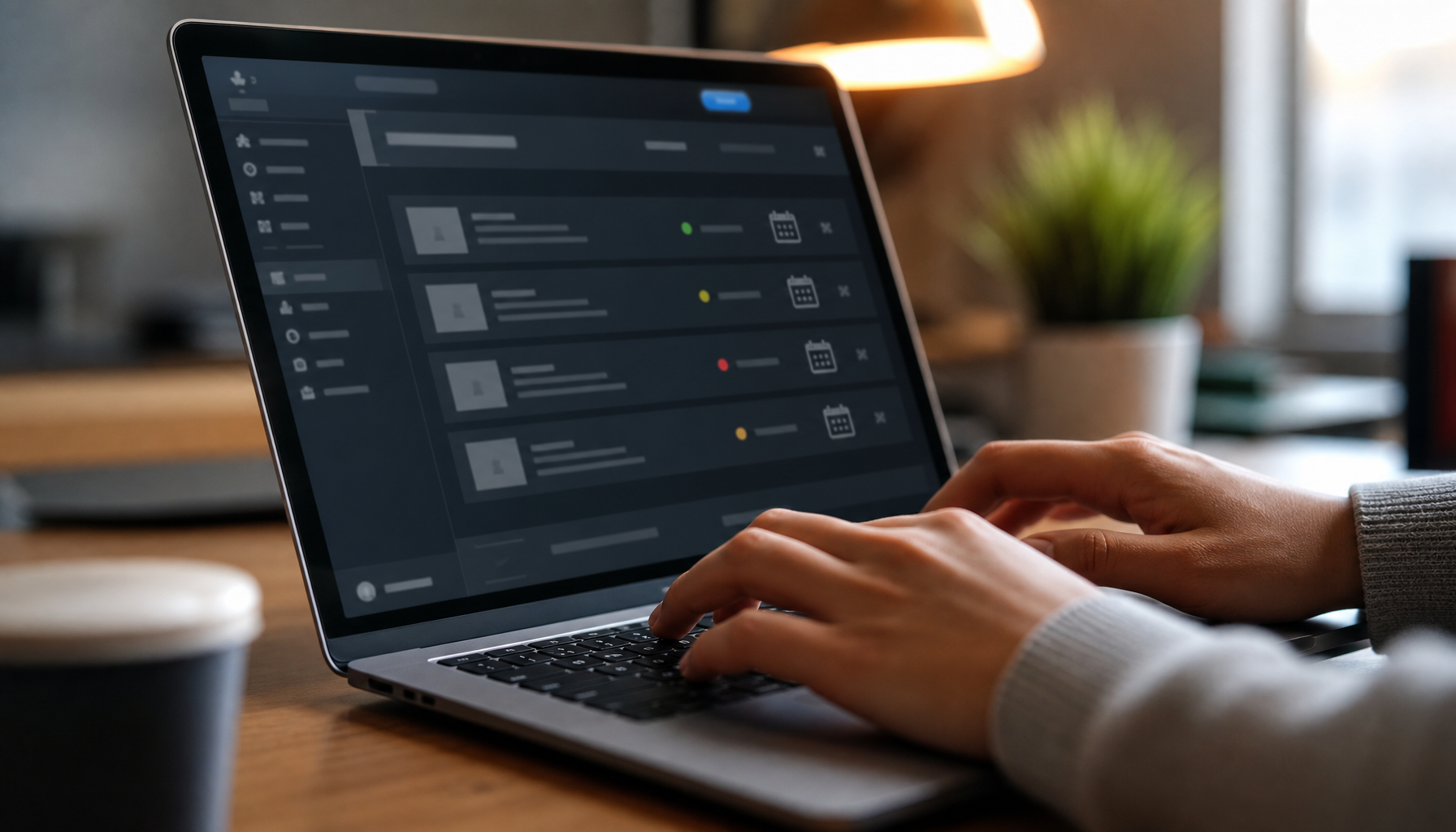 Hands typing on laptop with content management interface showing publication dates
