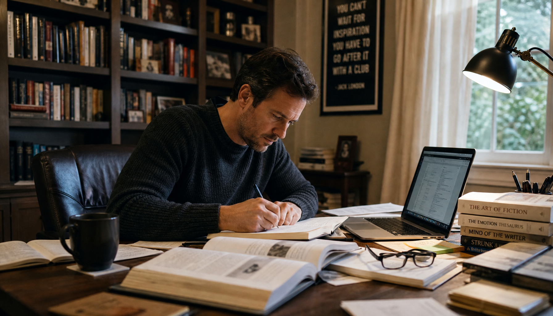 Writer researching comprehensive content with multiple references
