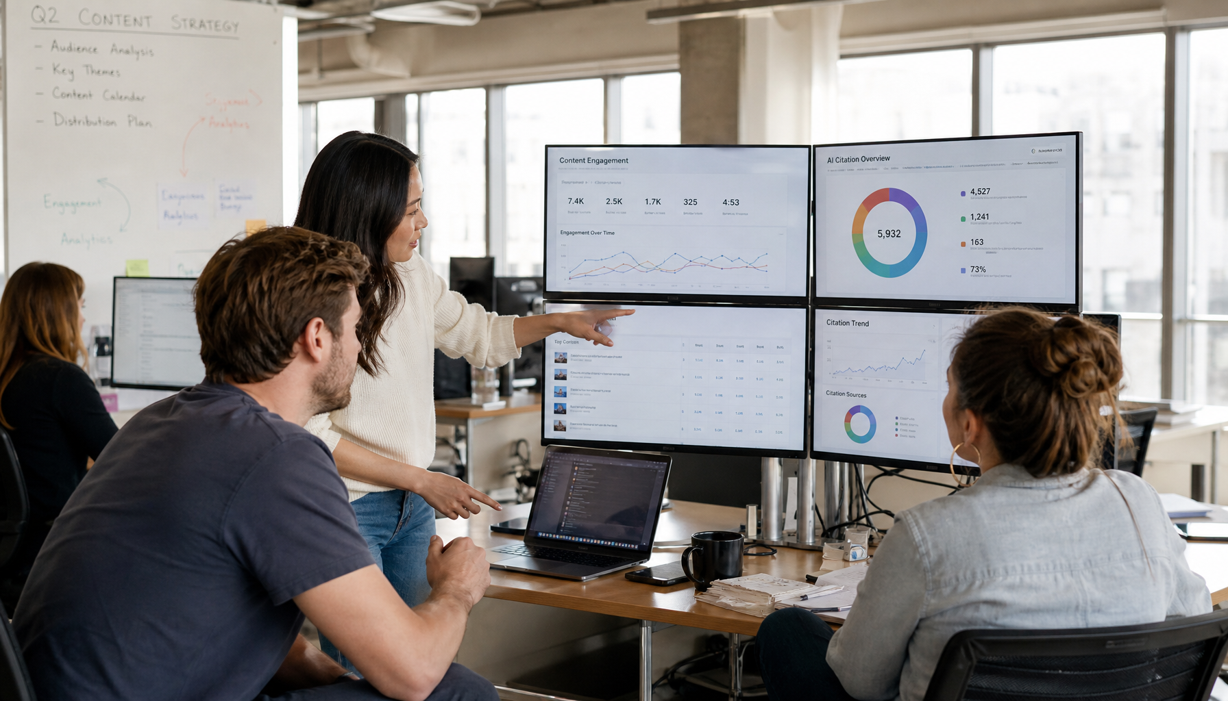Marketing team reviewing content analytics and AI citation data