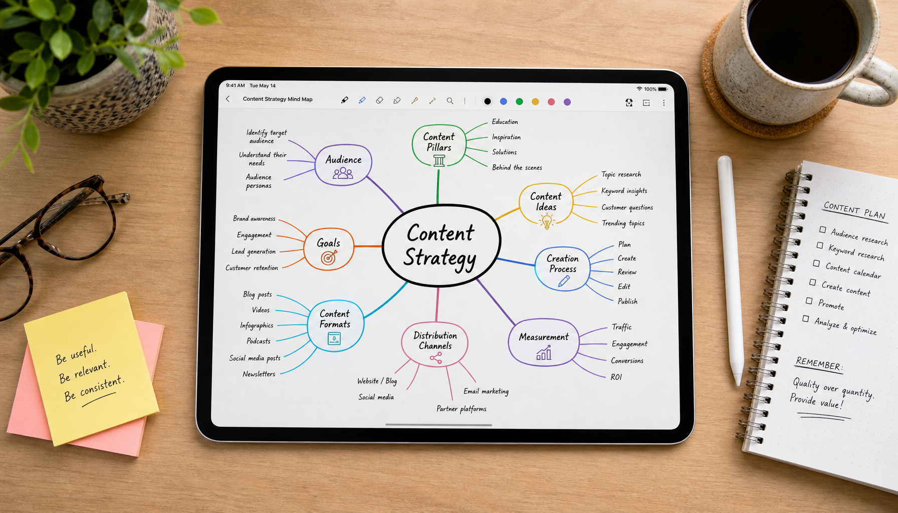 Mind map showing interconnected content topics