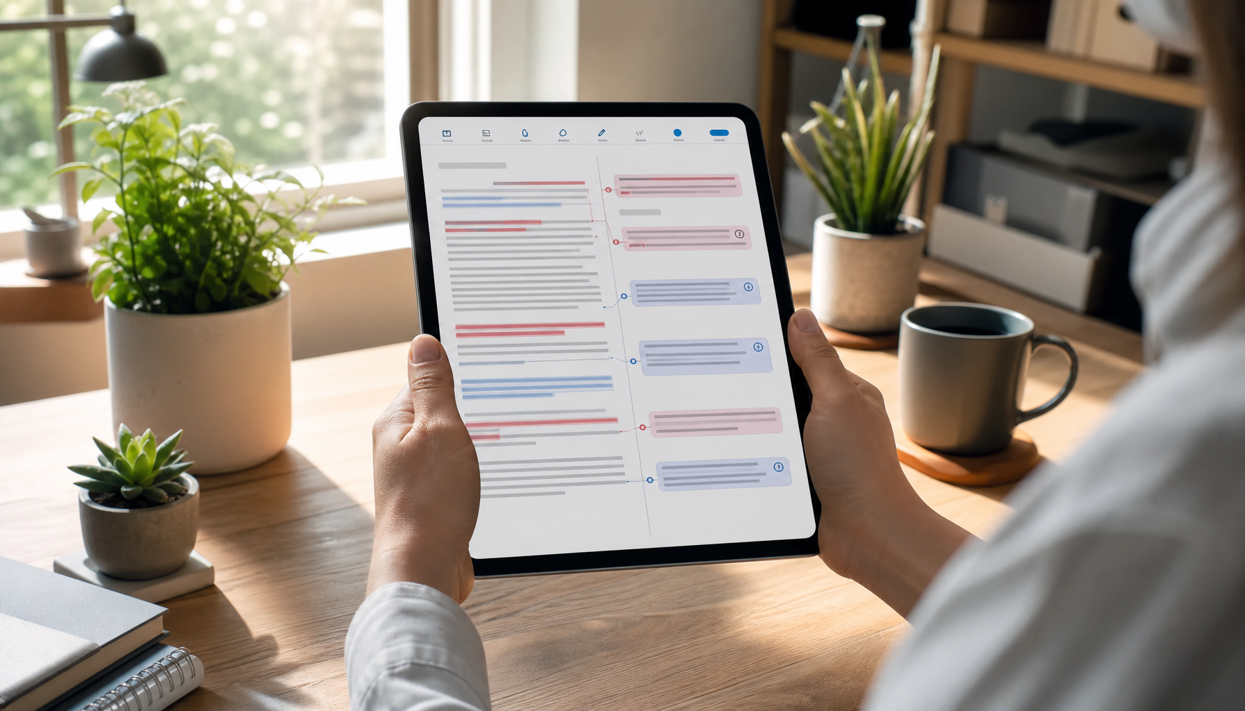 Content editor reviewing article on tablet with track changes annotations