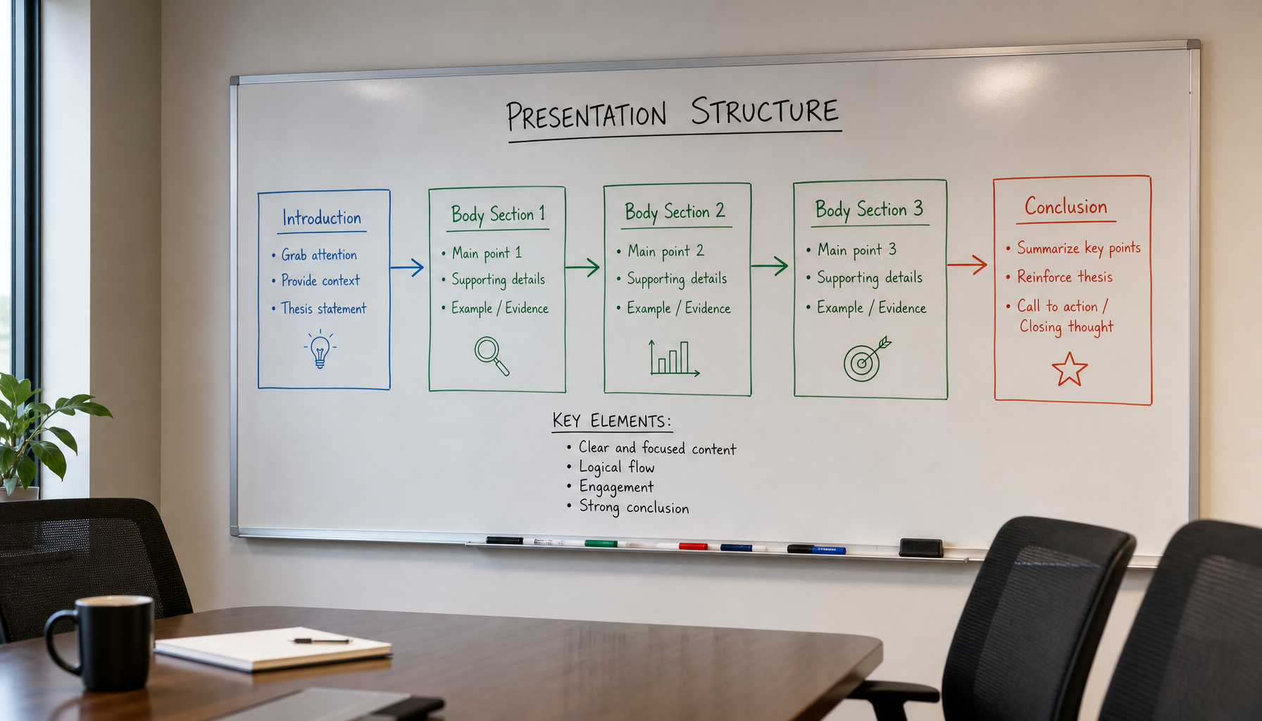 Whiteboard showing content flow diagram with sections and arrows