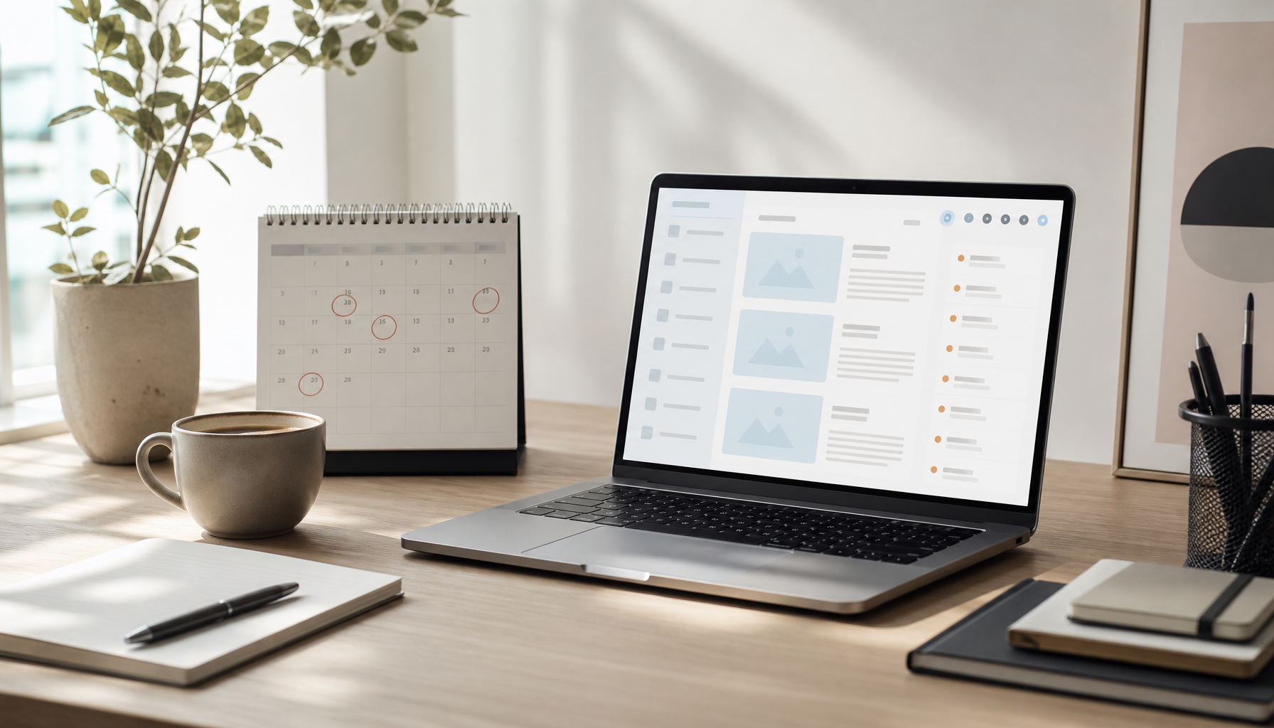 Calendar with circled dates and laptop showing recently published article timestamps