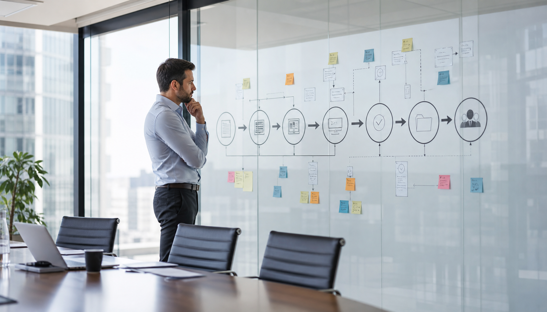 Workflow diagram on glass wall showing content lifecycle stages with arrows
