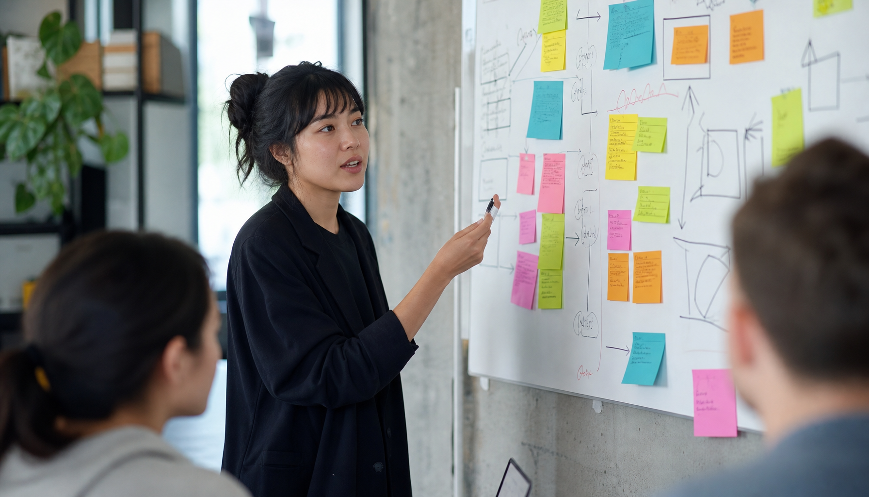 Content strategist mapping optimization framework on whiteboard with sticky notes