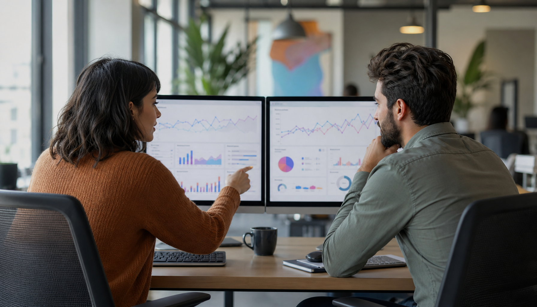 Two marketers comparing content performance metrics on side-by-side monitors