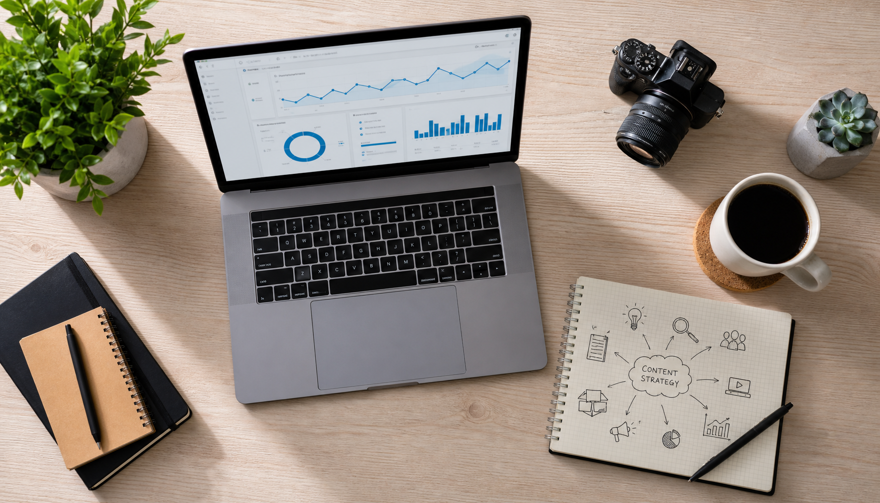 Content creator workspace flat lay with laptop showing analytics