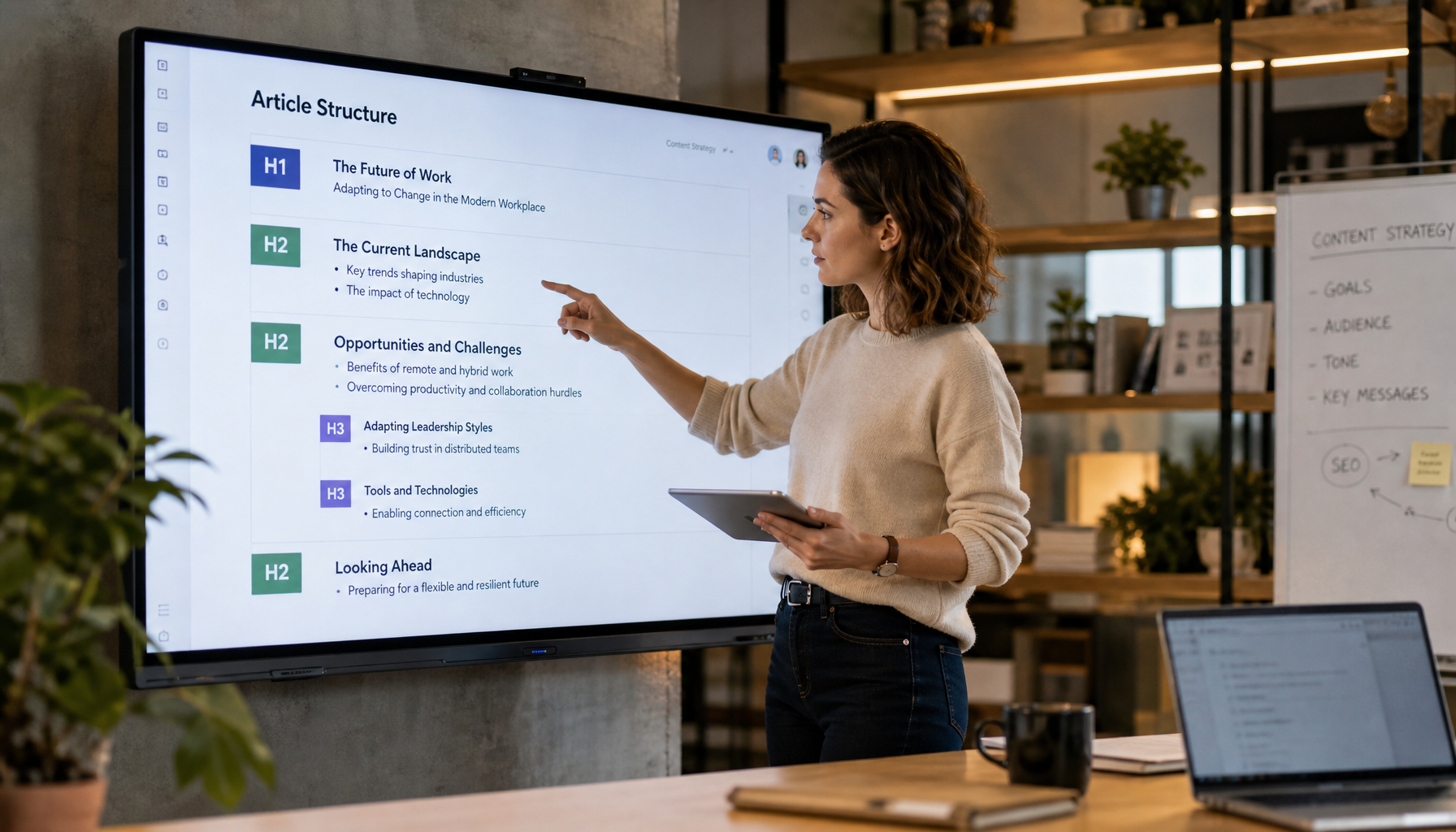Content strategist organizing article structure on digital screen showing heading hierarchy