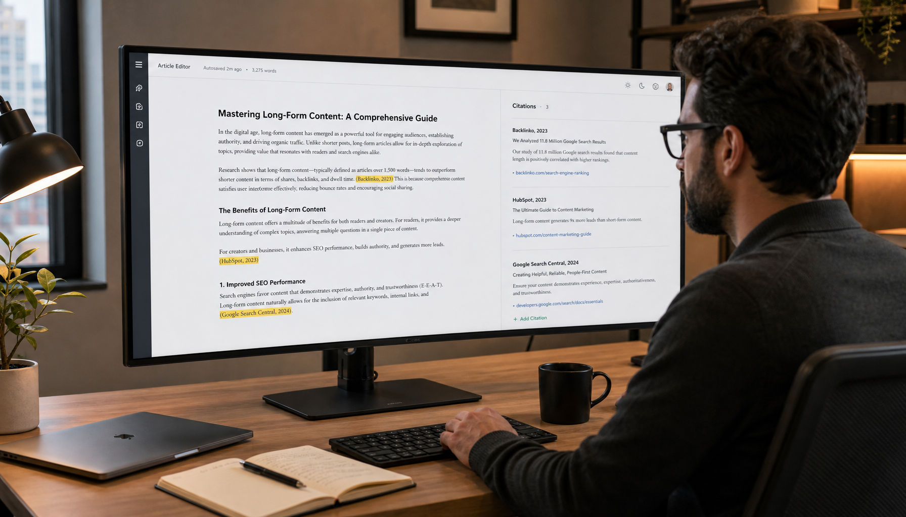 Content editor reviewing article with highlighted citations on an ultrawide monitor