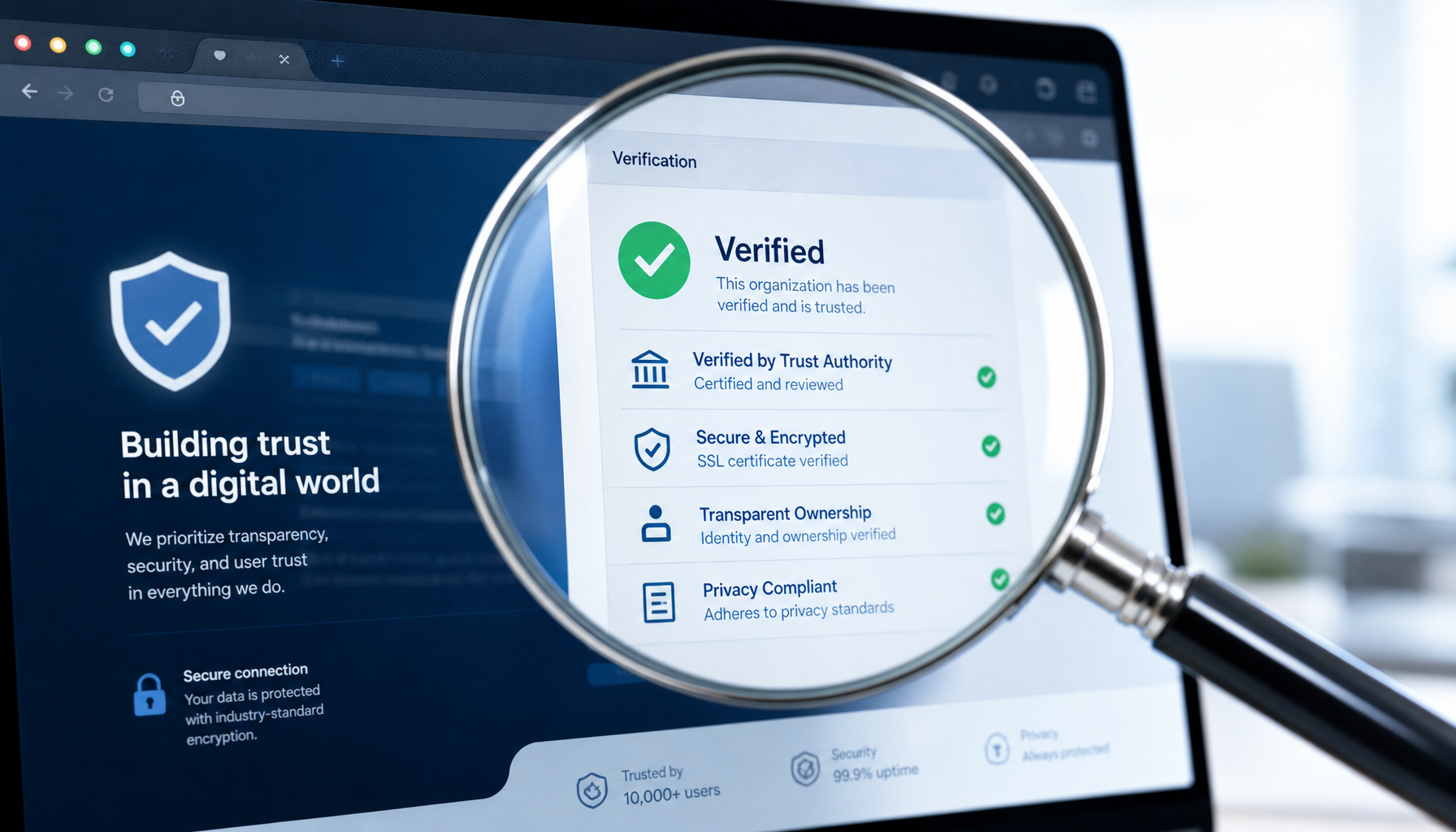 Digital trust verification concept with authority indicators on a webpage