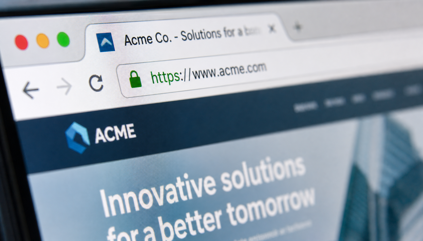 Browser address bar showing HTTPS padlock with professional website in background