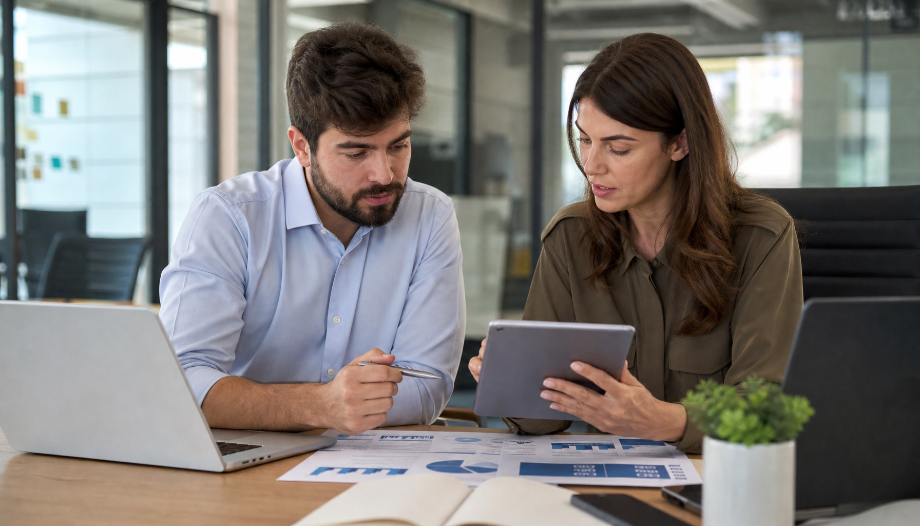 Two people reviewing and verifying digital sources at a desk