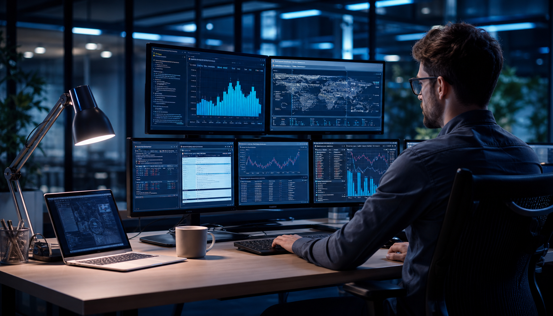 Analyst reviewing website trust scores on multiple monitors