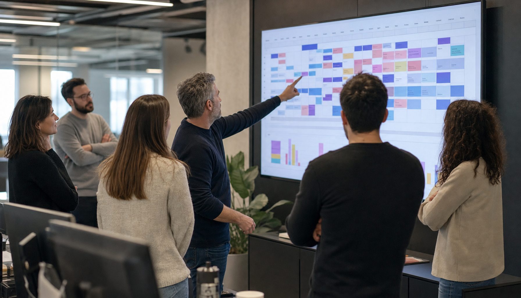 Editorial team reviewing content publication schedule on wall-mounted display