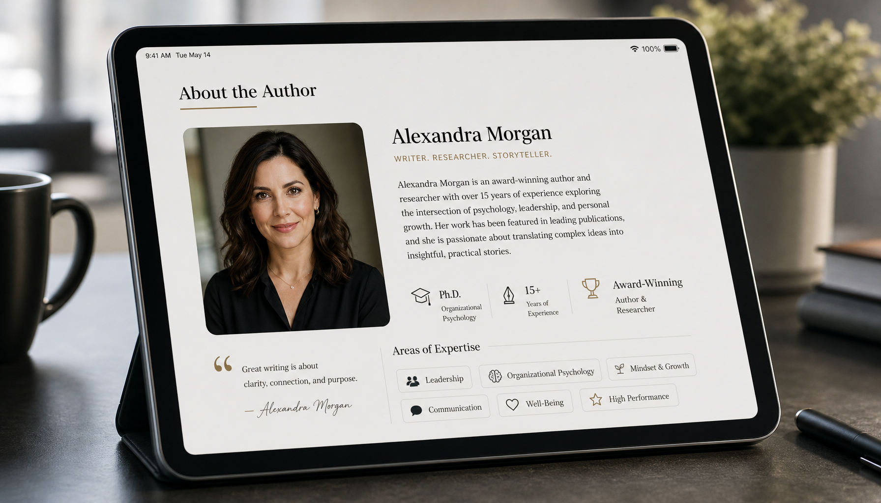 Professional author bio section on website showing credentials and expertise areas