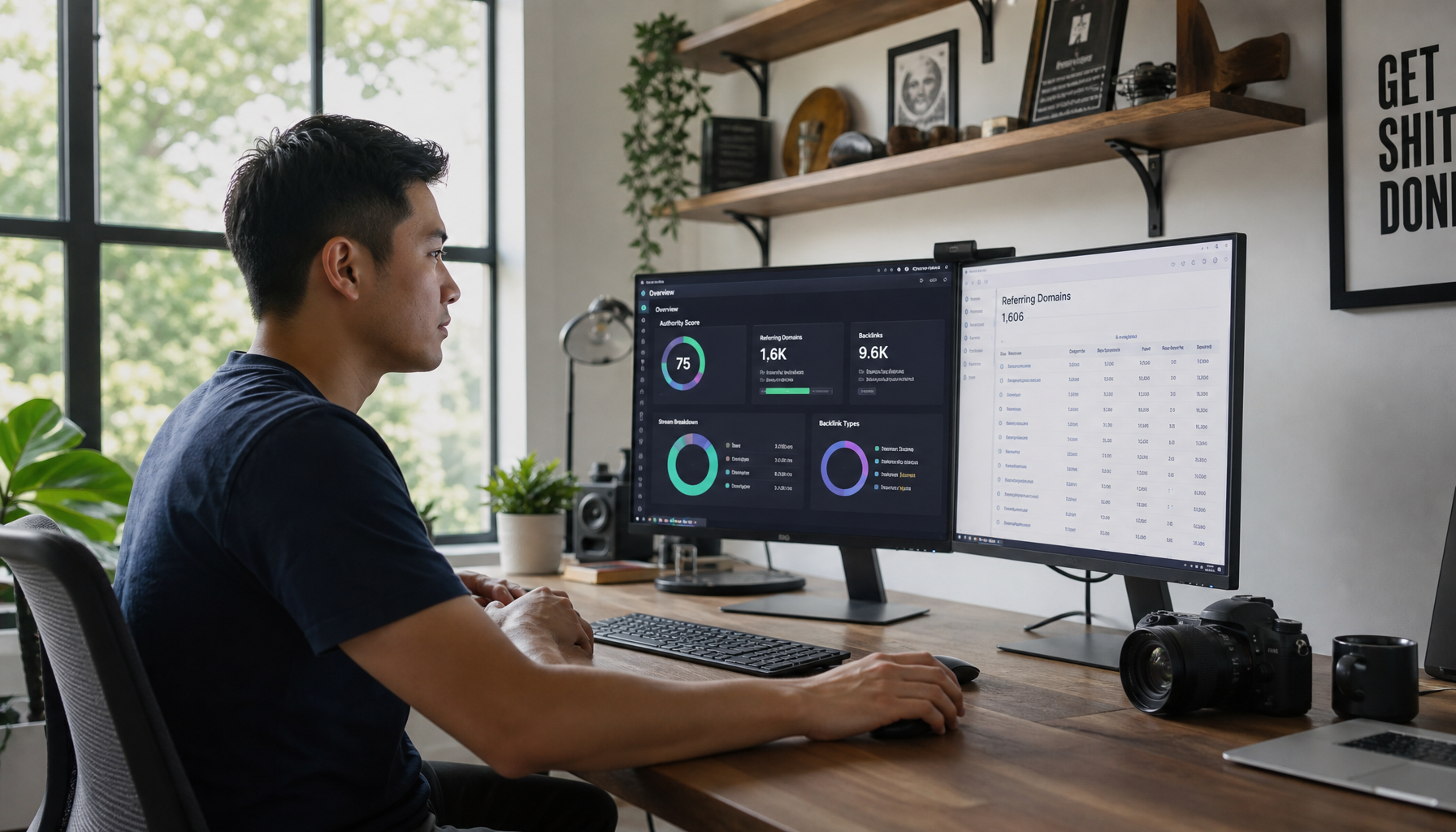 Content creator reviewing authority metrics on dual monitors in home office