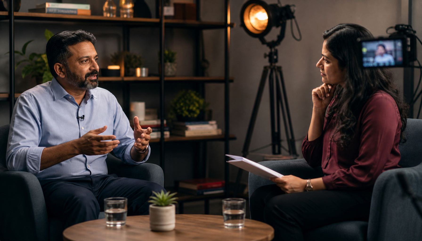 Journalist interviewing subject matter expert in professional studio