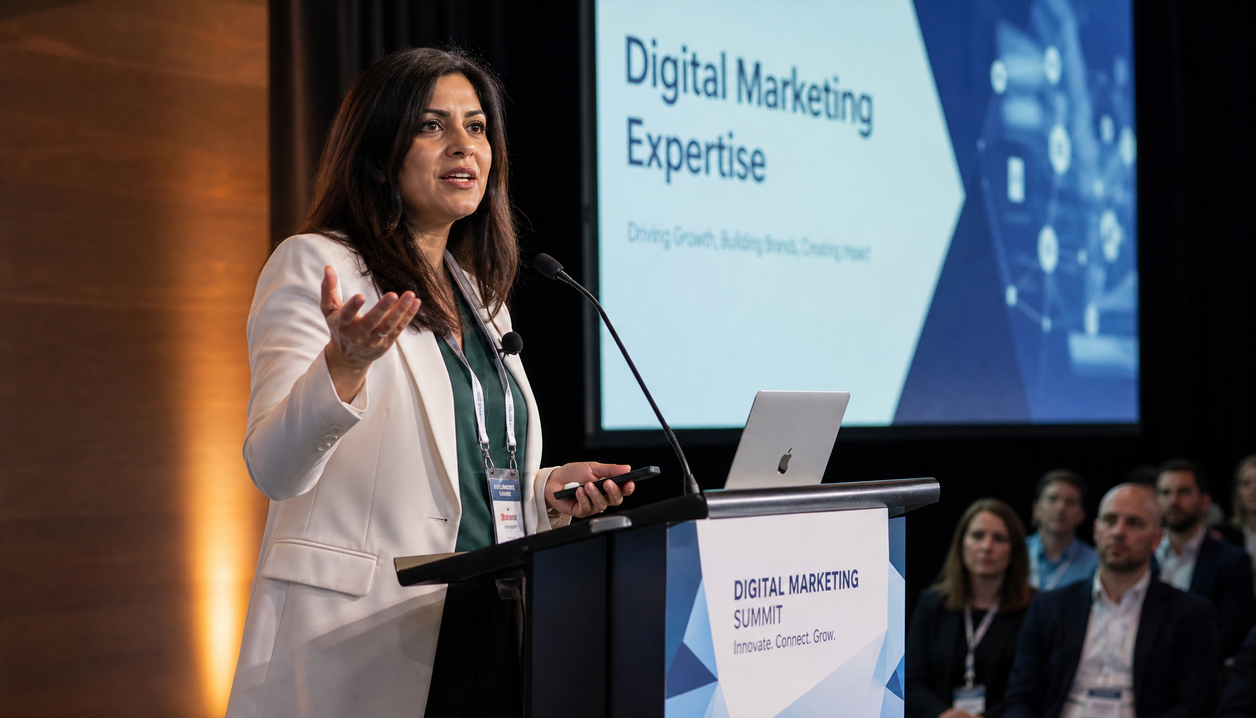 Professional woman presenting at conference about digital marketing expertise
