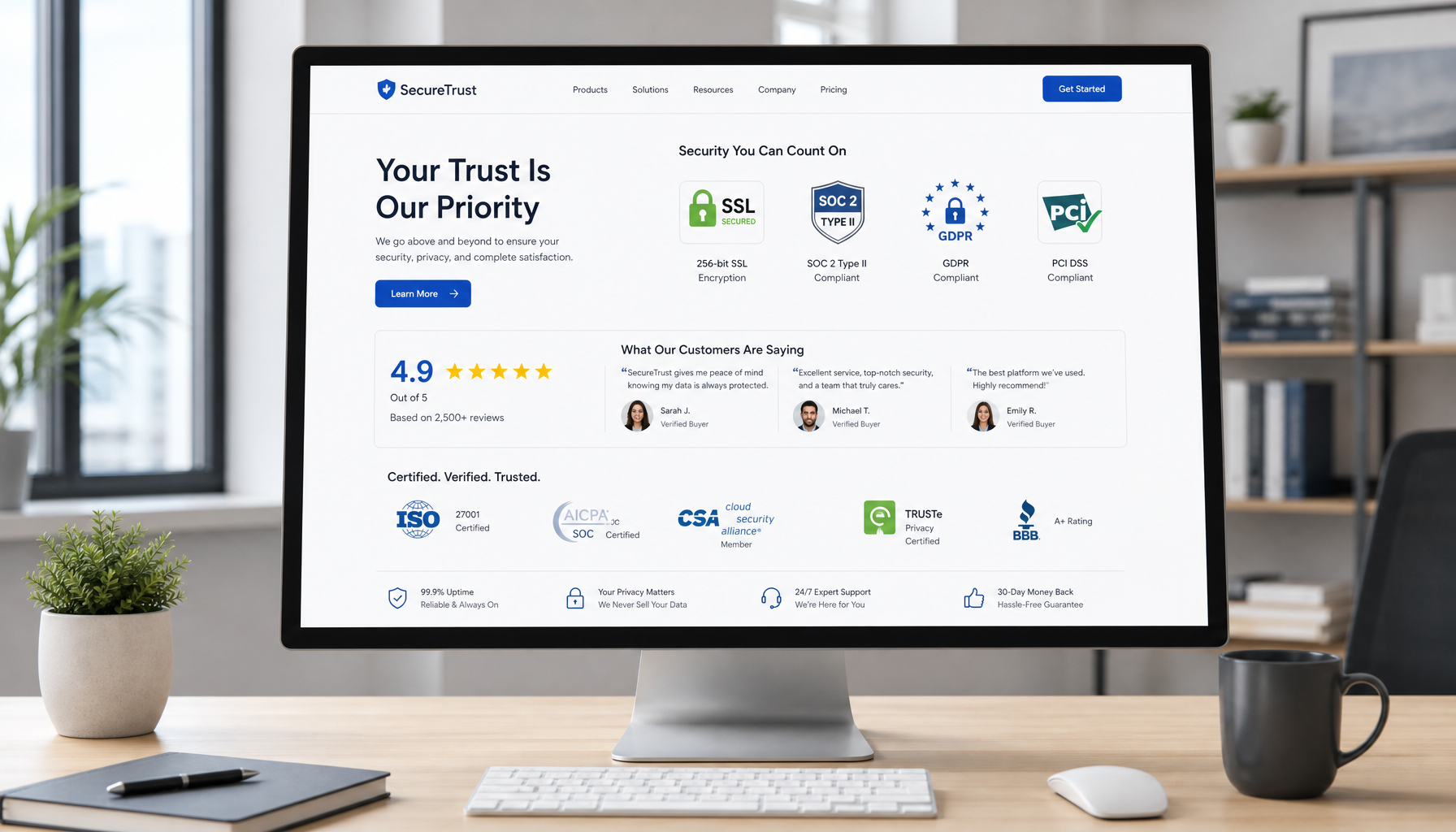 Website trust indicators including security badges and customer reviews on monitor