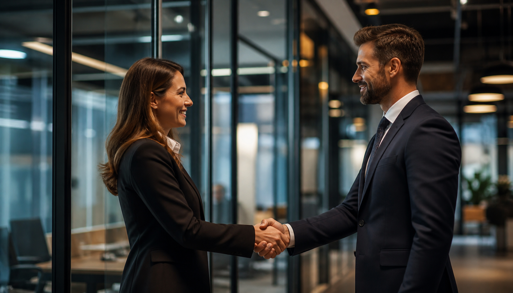 Professional handshake symbolizing trust and partnership in corporate setting