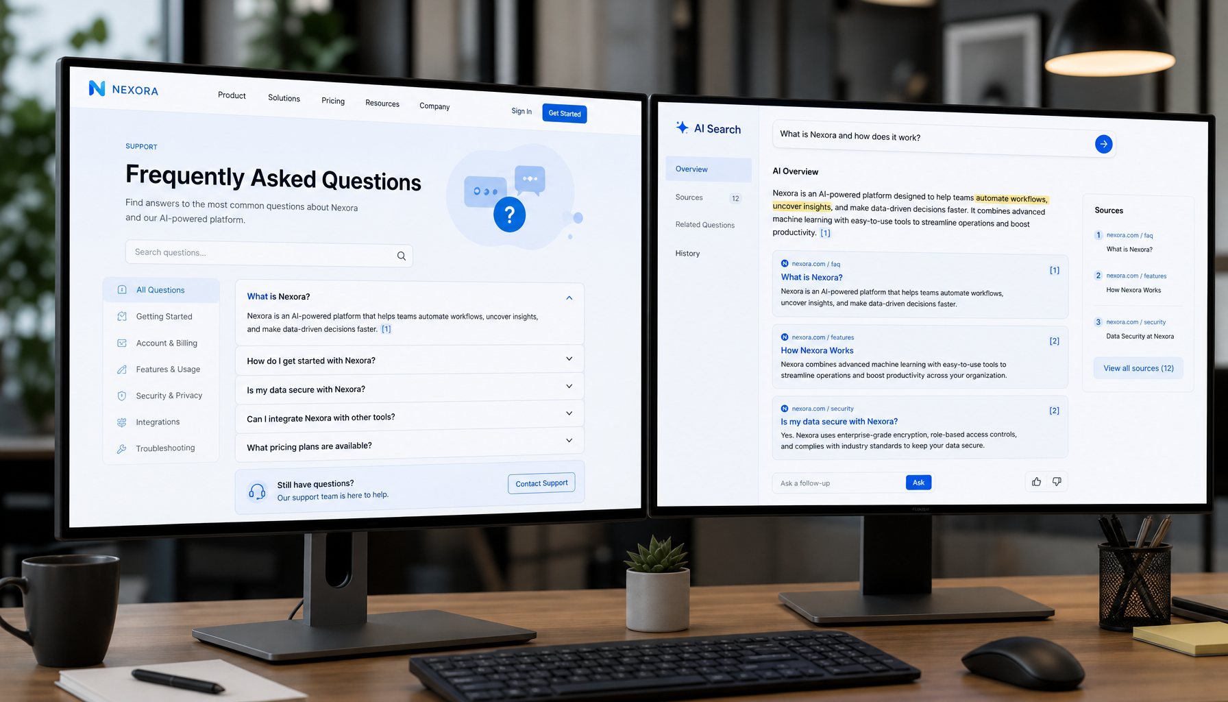 FAQ section on a website with AI search citations on a second screen