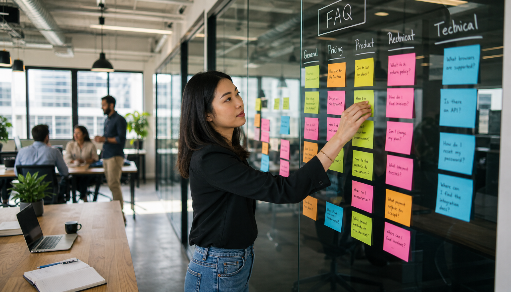 Content strategist mapping FAQ topics on sticky notes on a glass wall