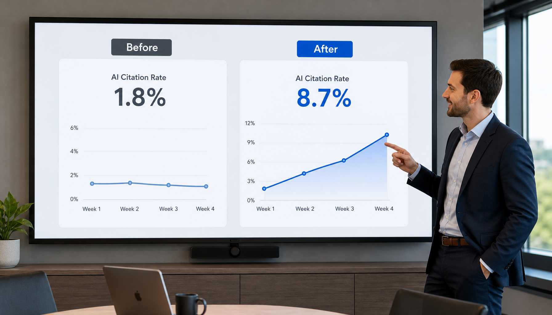 Before and after comparison showing improved AI citation rates