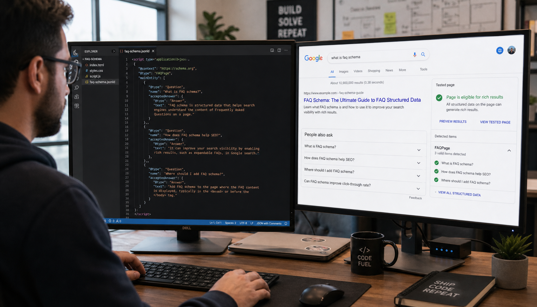Developer implementing FAQ schema markup in a code editor