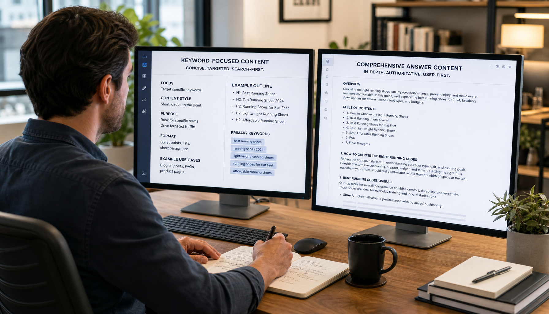 Writer at a desk with two monitors showing different content strategies