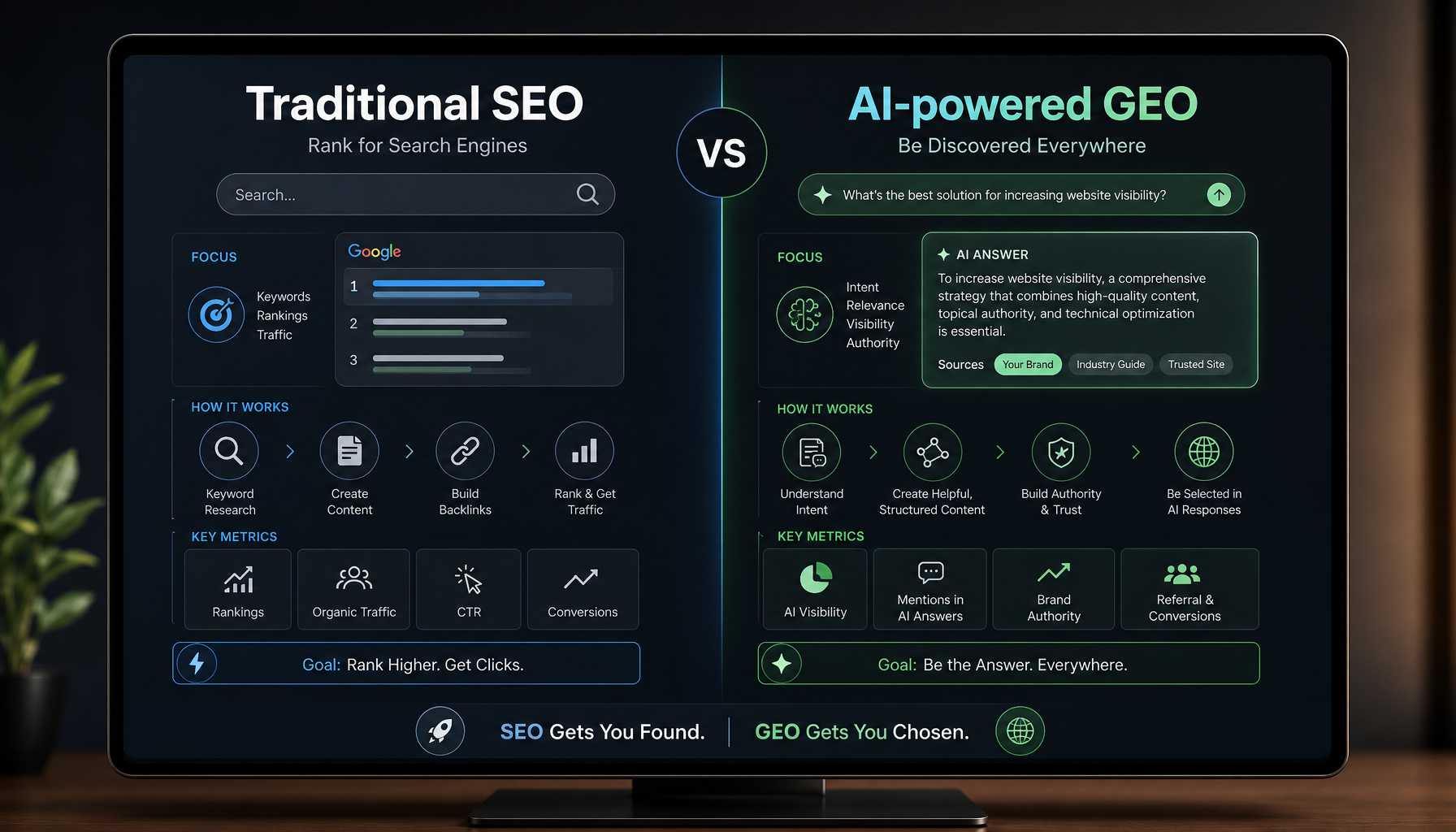 Split comparison showing traditional SEO and AI-powered GEO on a designer screen