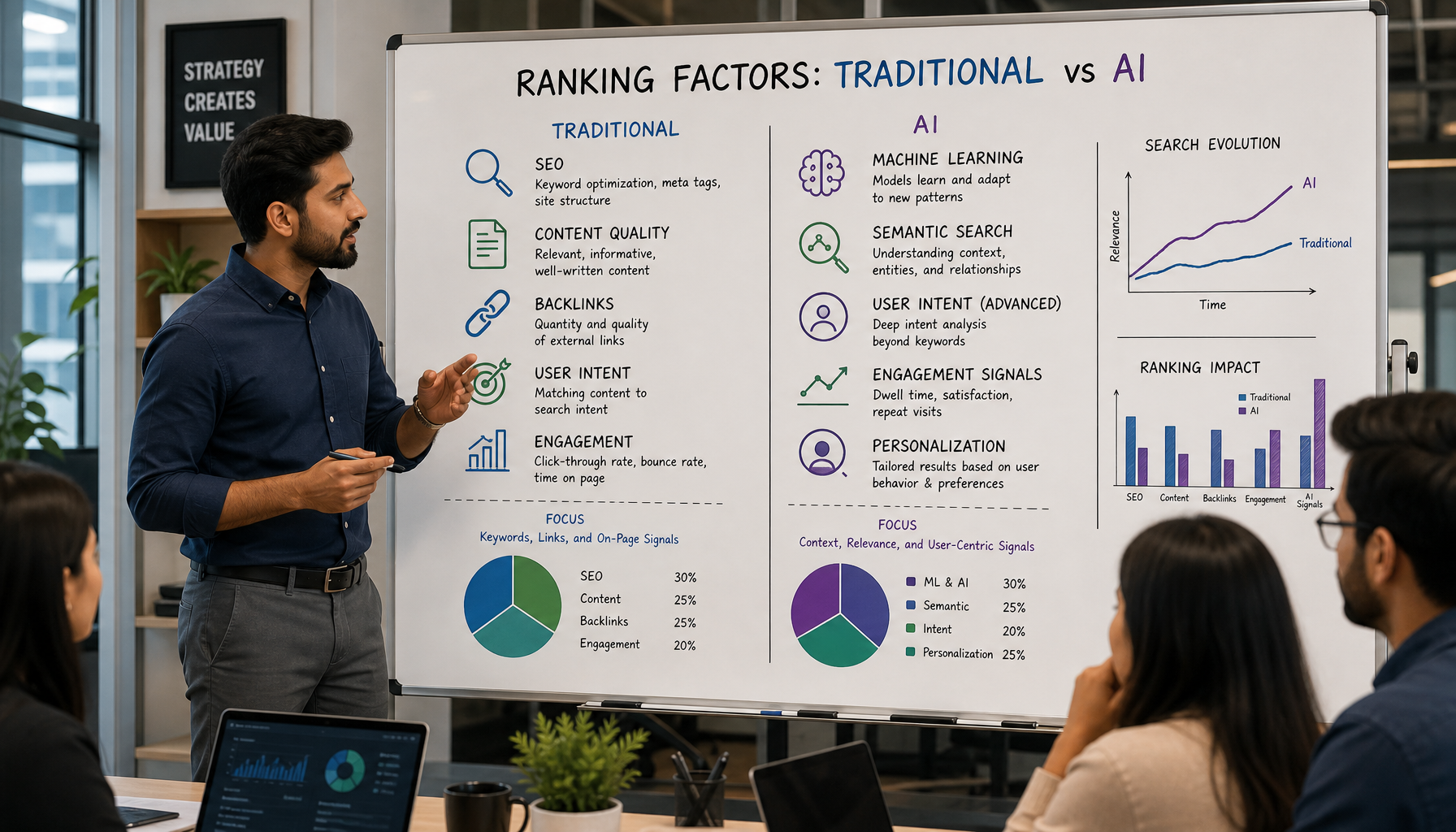 Digital marketer comparing ranking factors on a whiteboard
