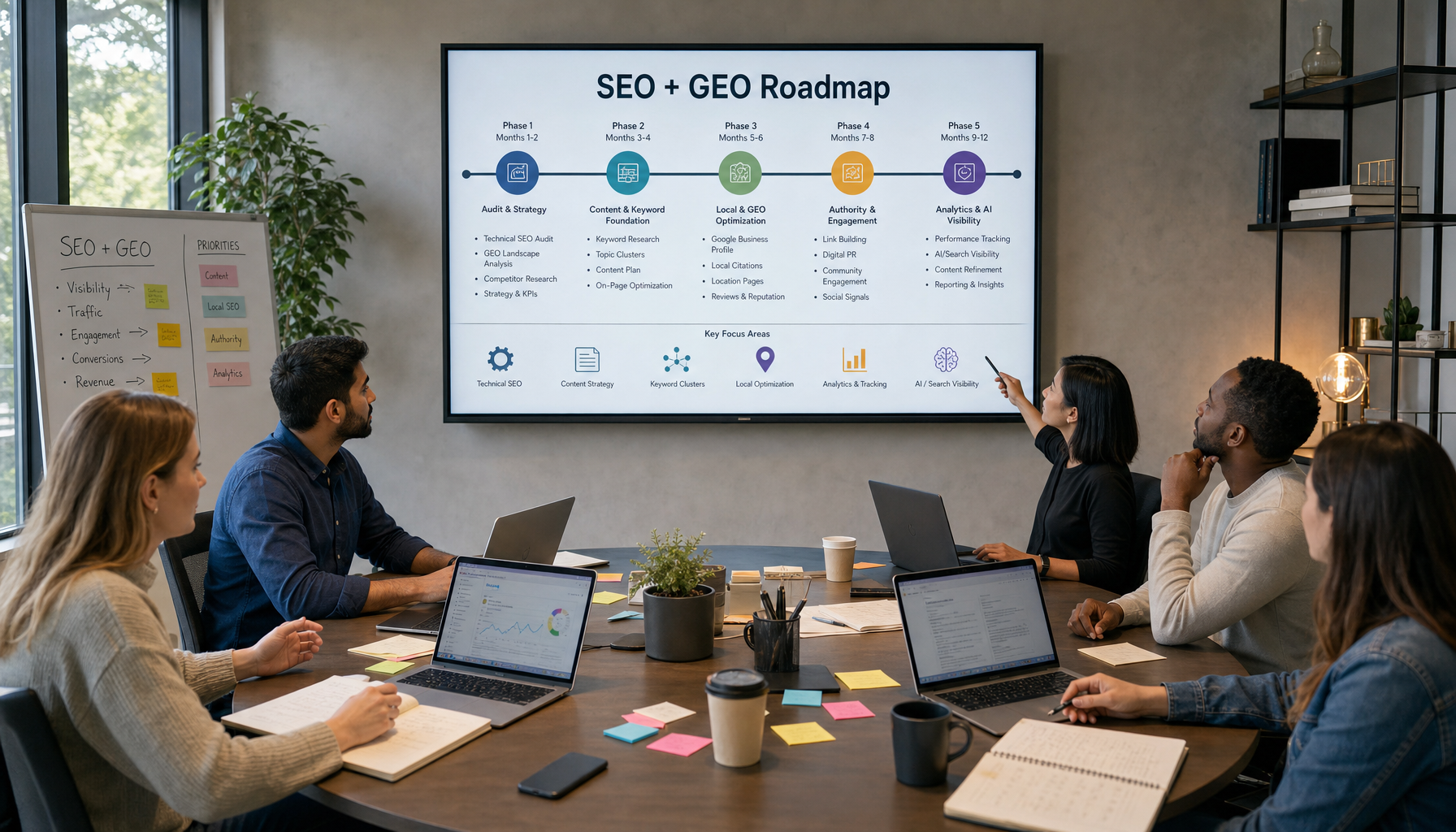 Strategy planning session with team around a table showing unified SEO and GEO roadmap