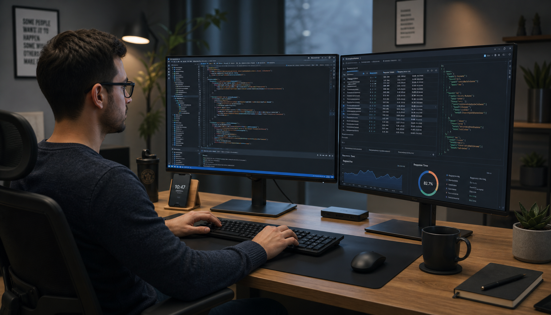 Developer reviewing code and structured data on dual monitors