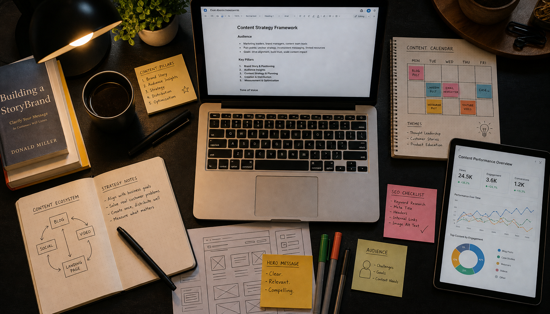Content optimization workflow with wireframes and strategy documents for GEO implementation