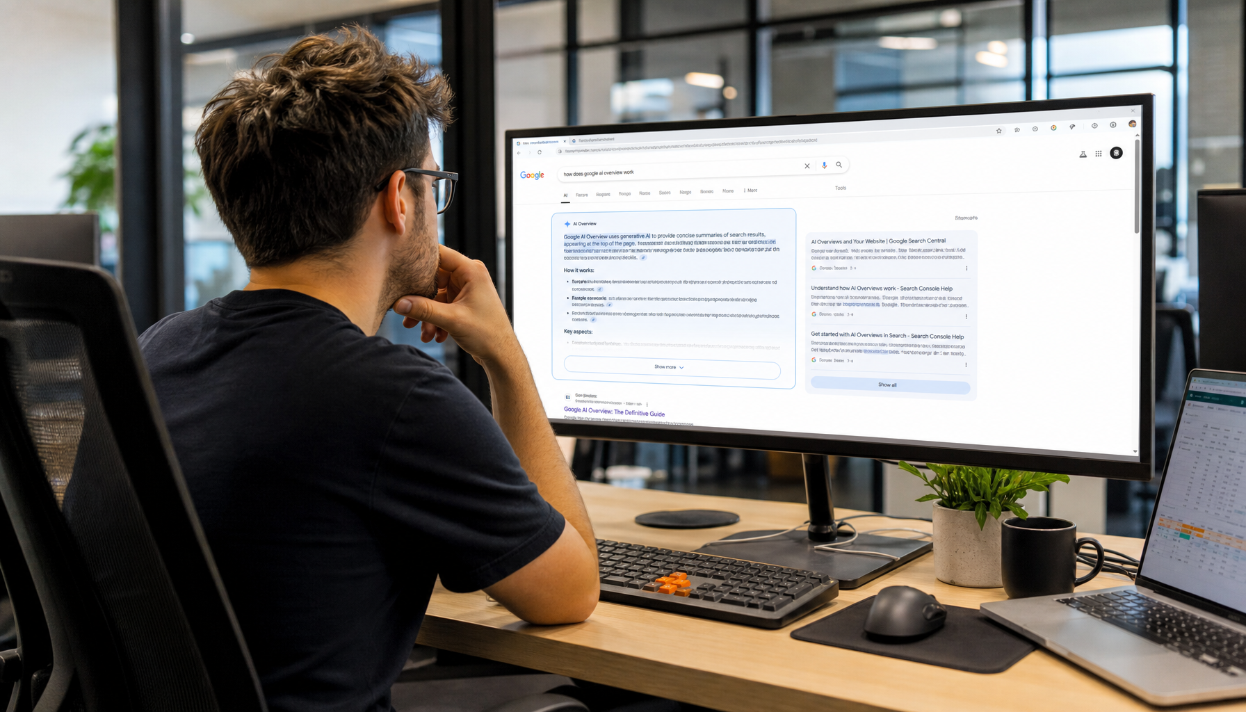 Marketing analyst studying Google AI Overview results on ultrawide monitor