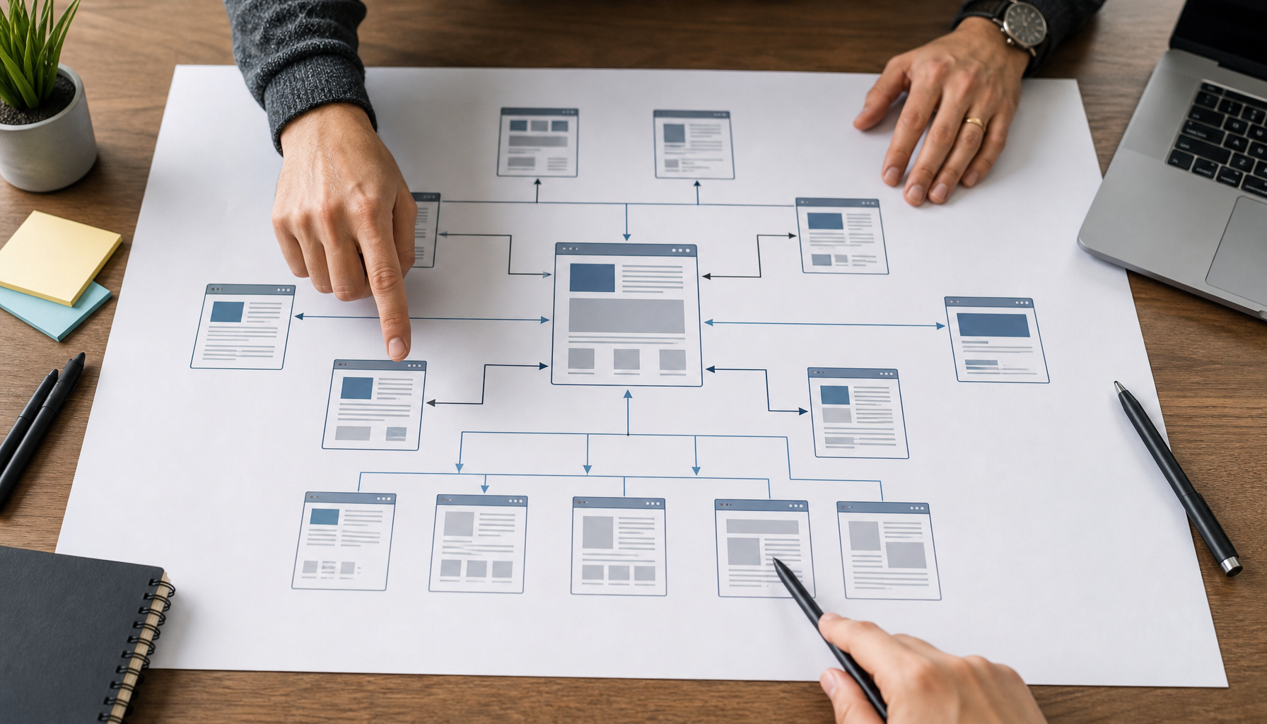 Digital marketer reviewing hub and spoke content model diagram