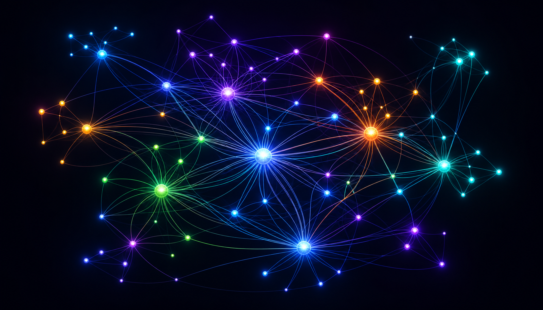 Visualization of interconnected web pages as glowing nodes connected by colorful lines