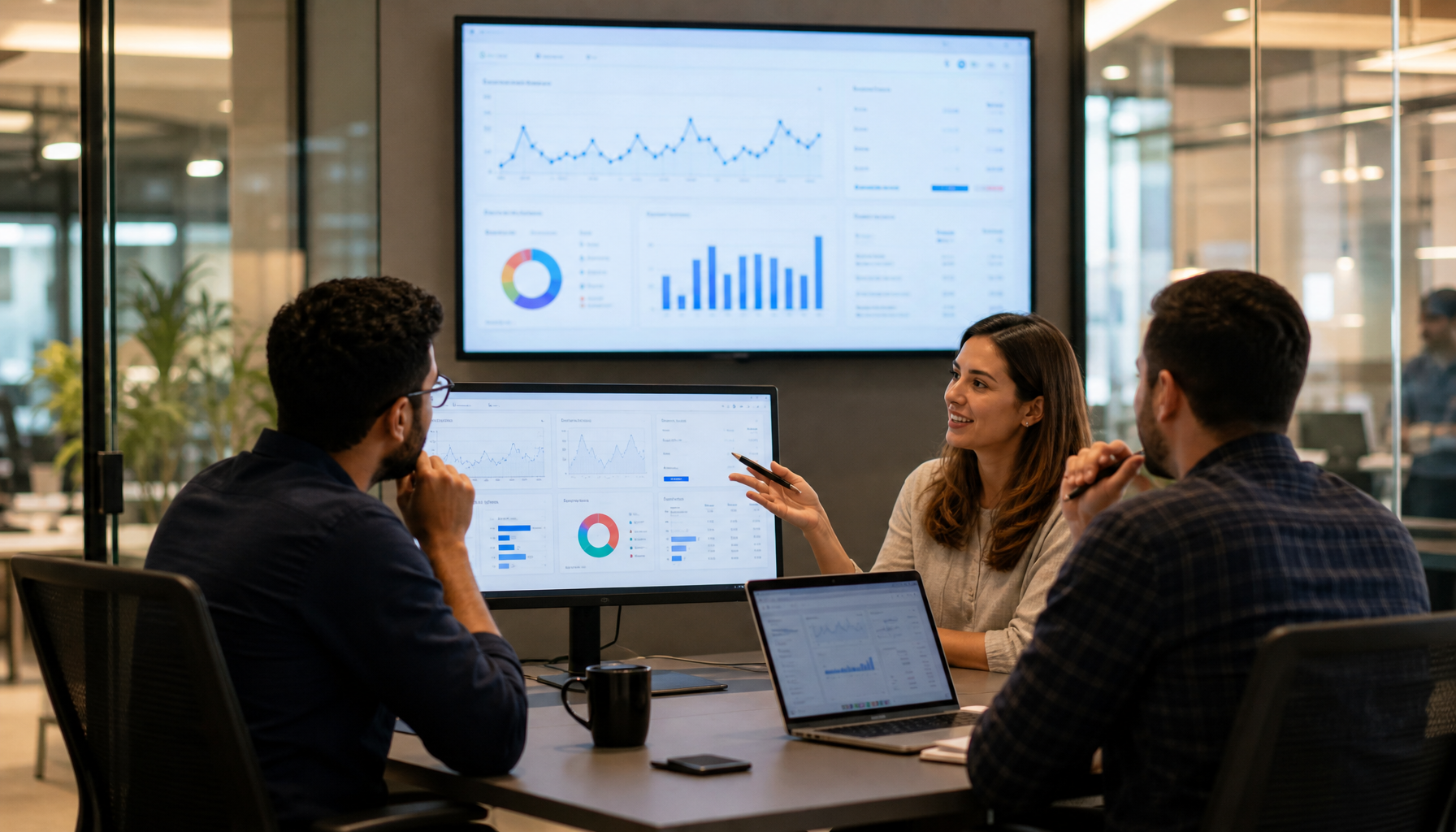 Marketing team reviewing AI analytics on multiple screens in meeting room