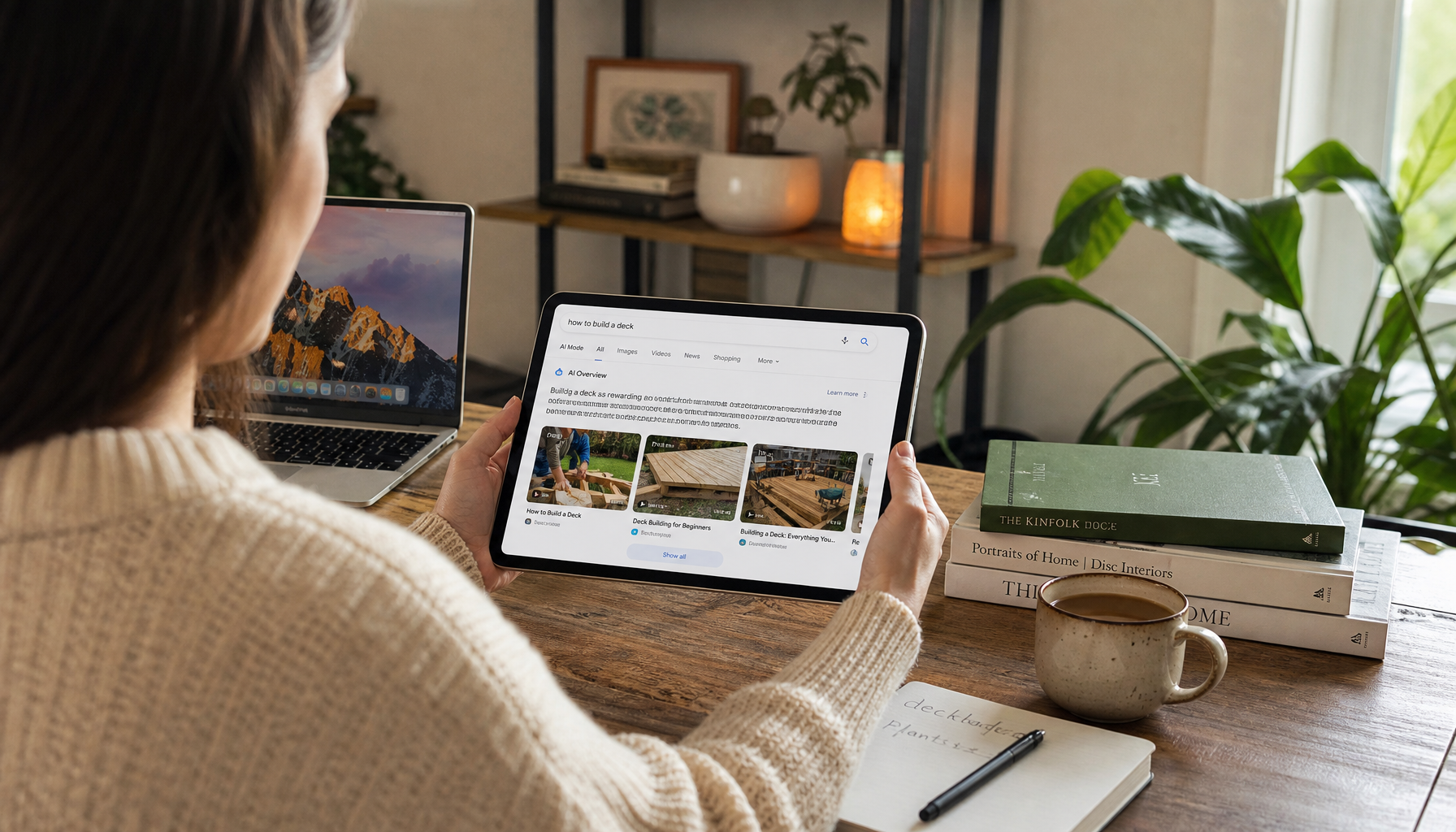 Person viewing AI search results with video thumbnails and multimedia content cards on a tablet