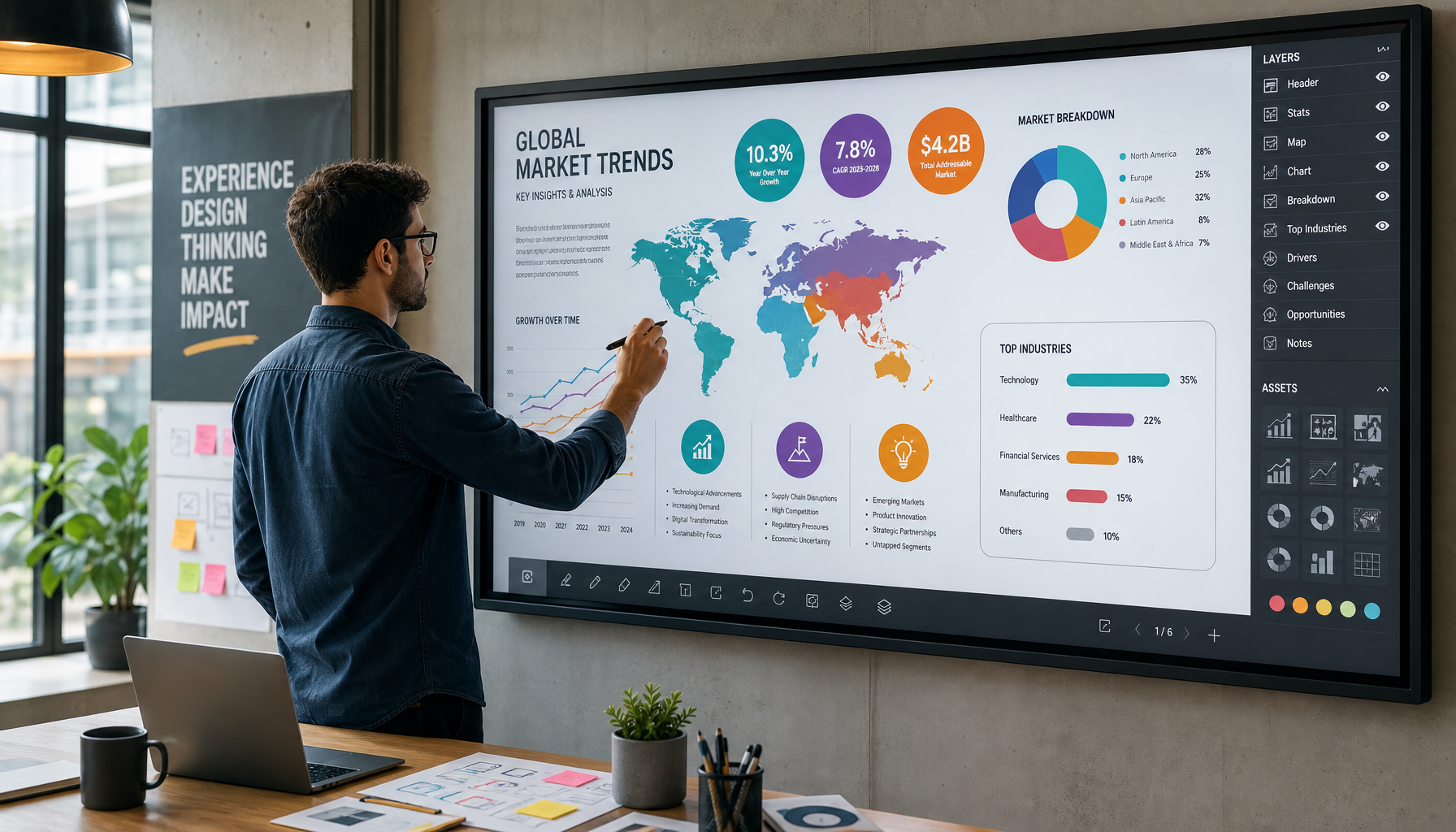 Infographic design being created on a large display with colorful data visualization elements