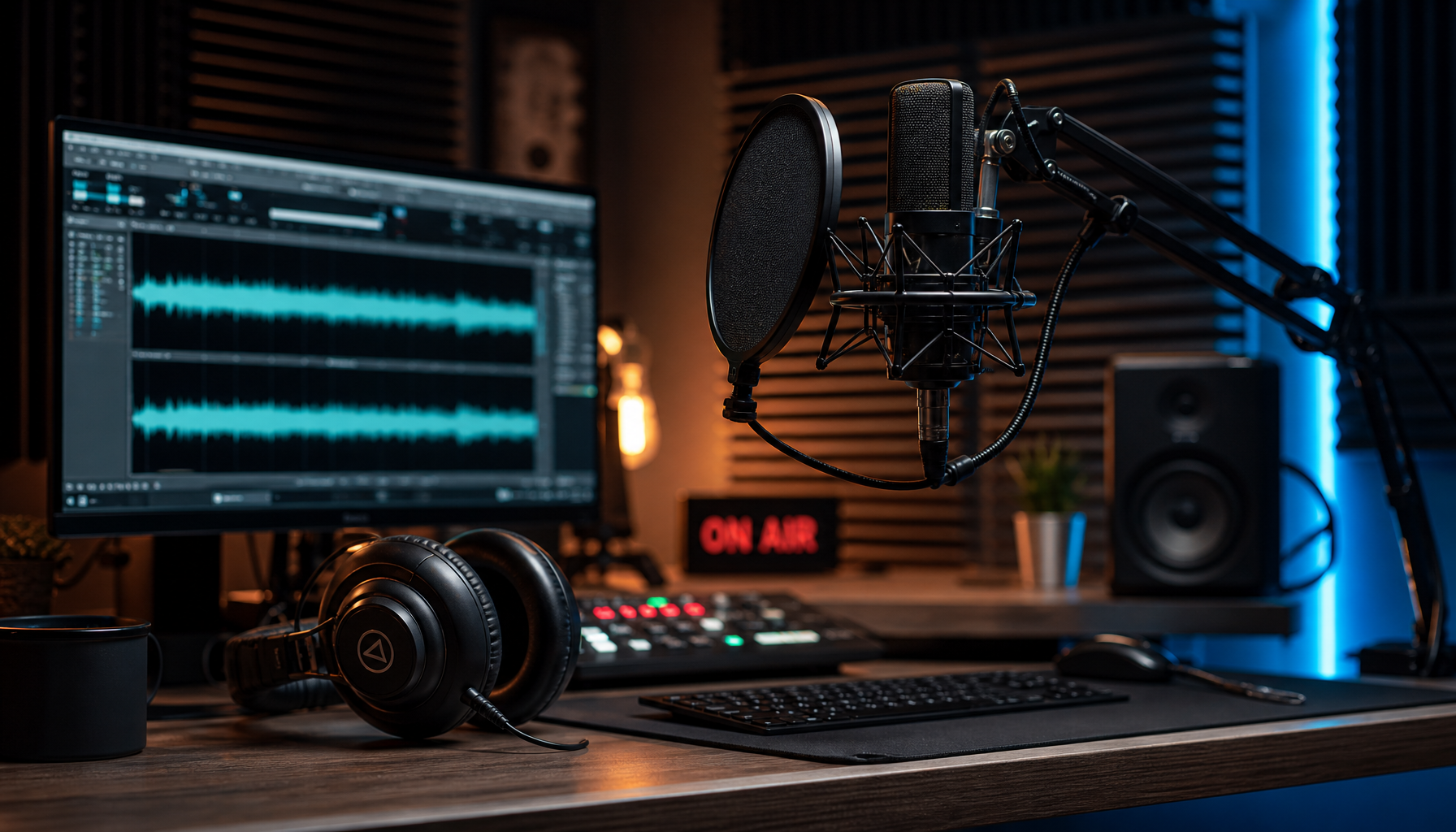 Podcast recording setup with professional microphone and waveform display on screen