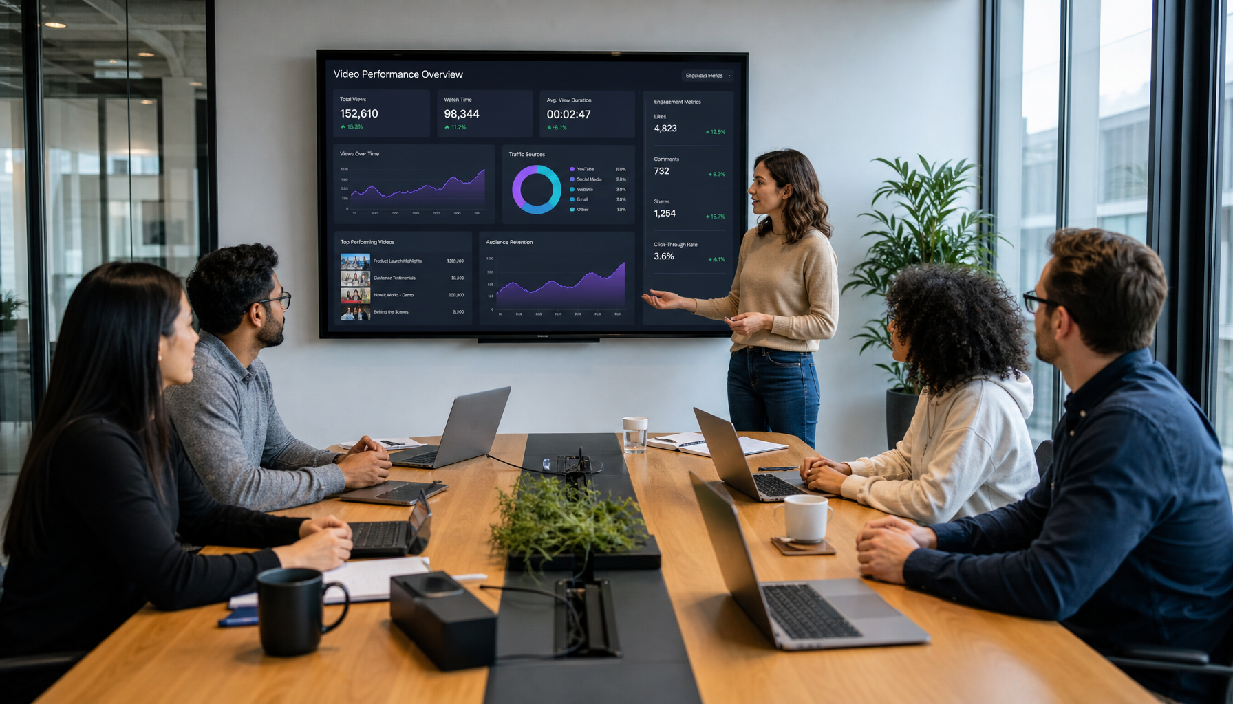 Marketing team reviewing video analytics and engagement metrics on a conference room screen