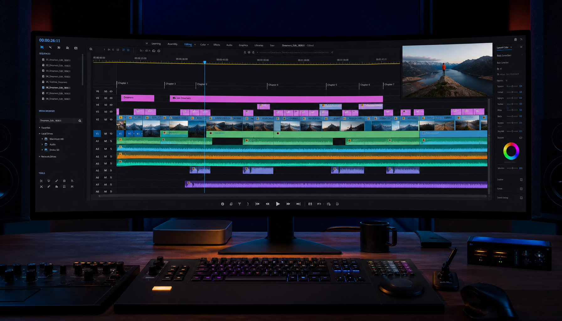 Video editing timeline on an ultrawide monitor showing multiple tracks with captions and chapters